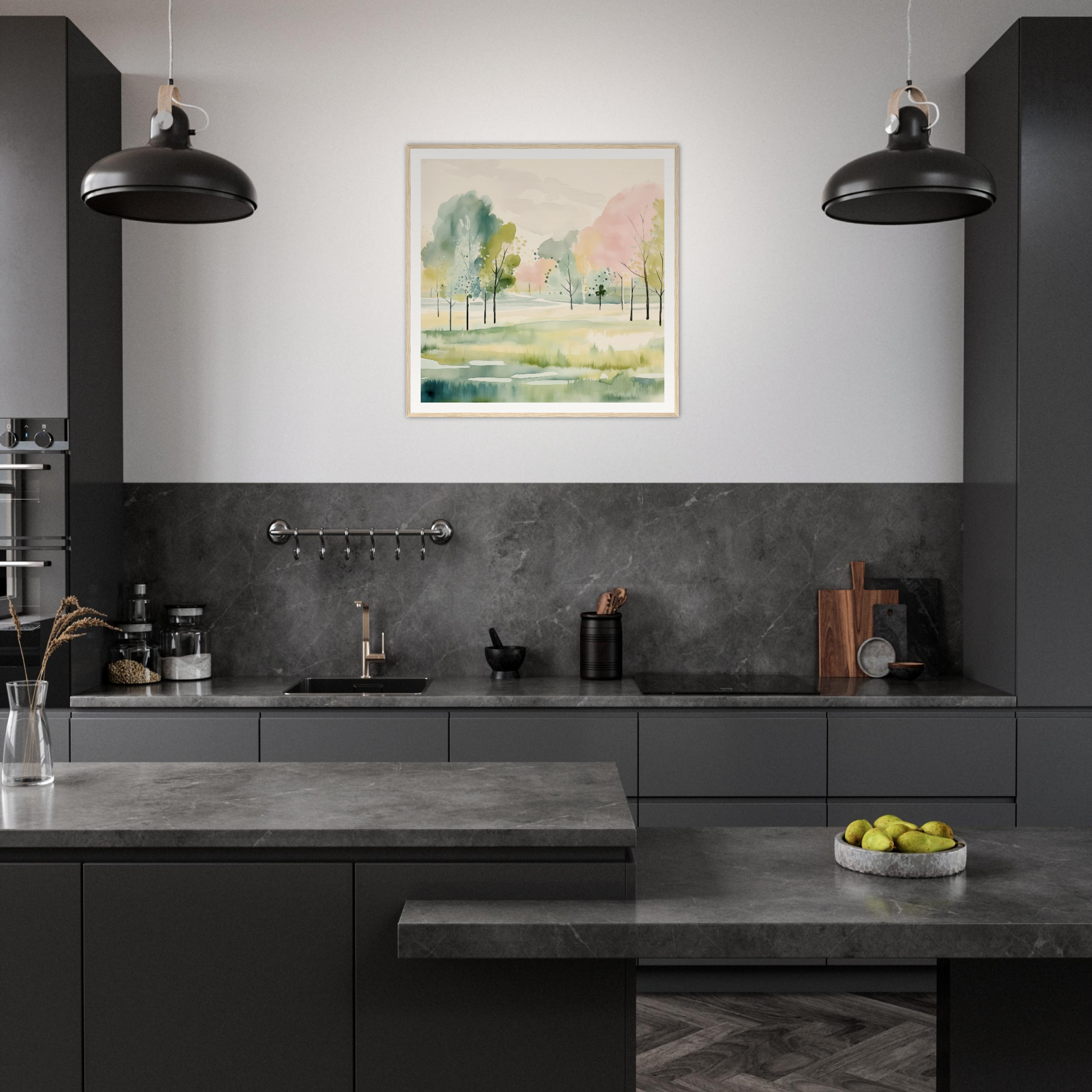 Modern dark gray kitchen featuring industrial lights and nursery wall art decor