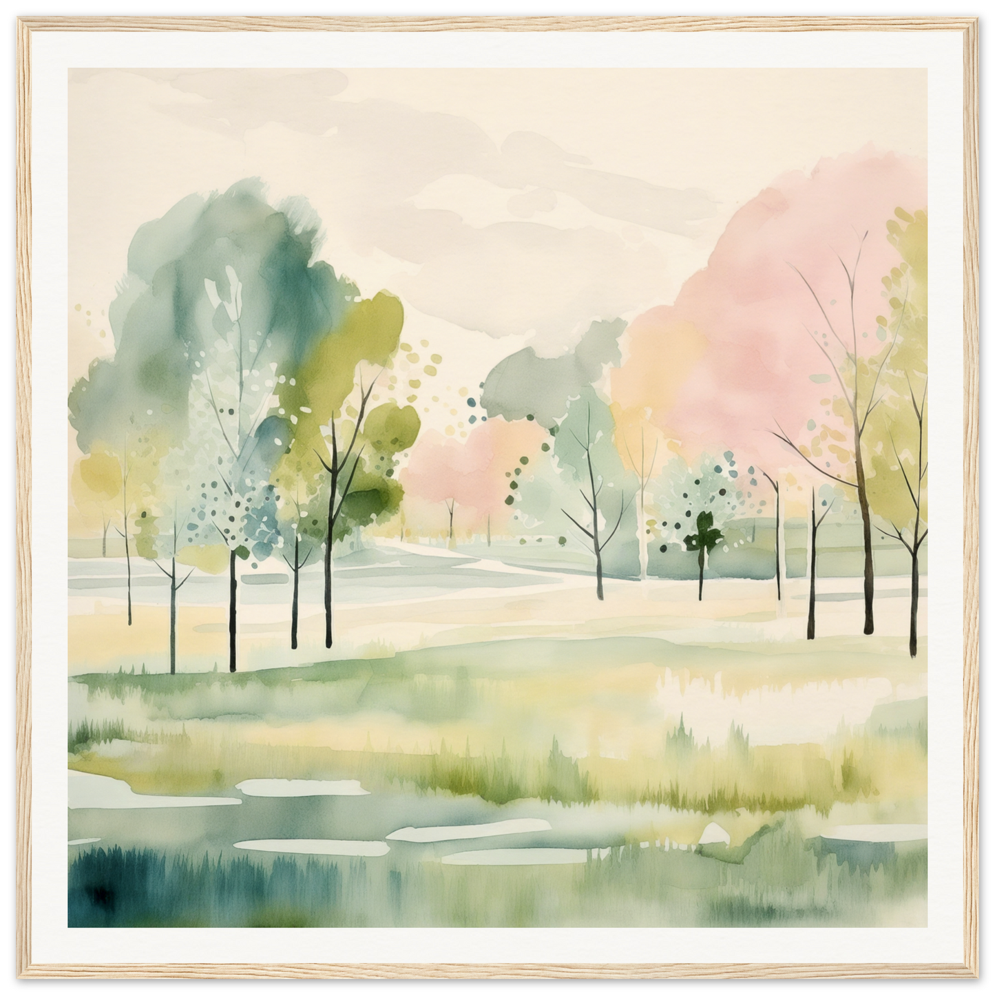 Watercolor nursery wall art featuring a serene landscape with trees and ponds