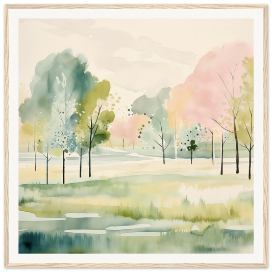 Watercolor nursery wall art featuring a serene landscape with trees and ponds