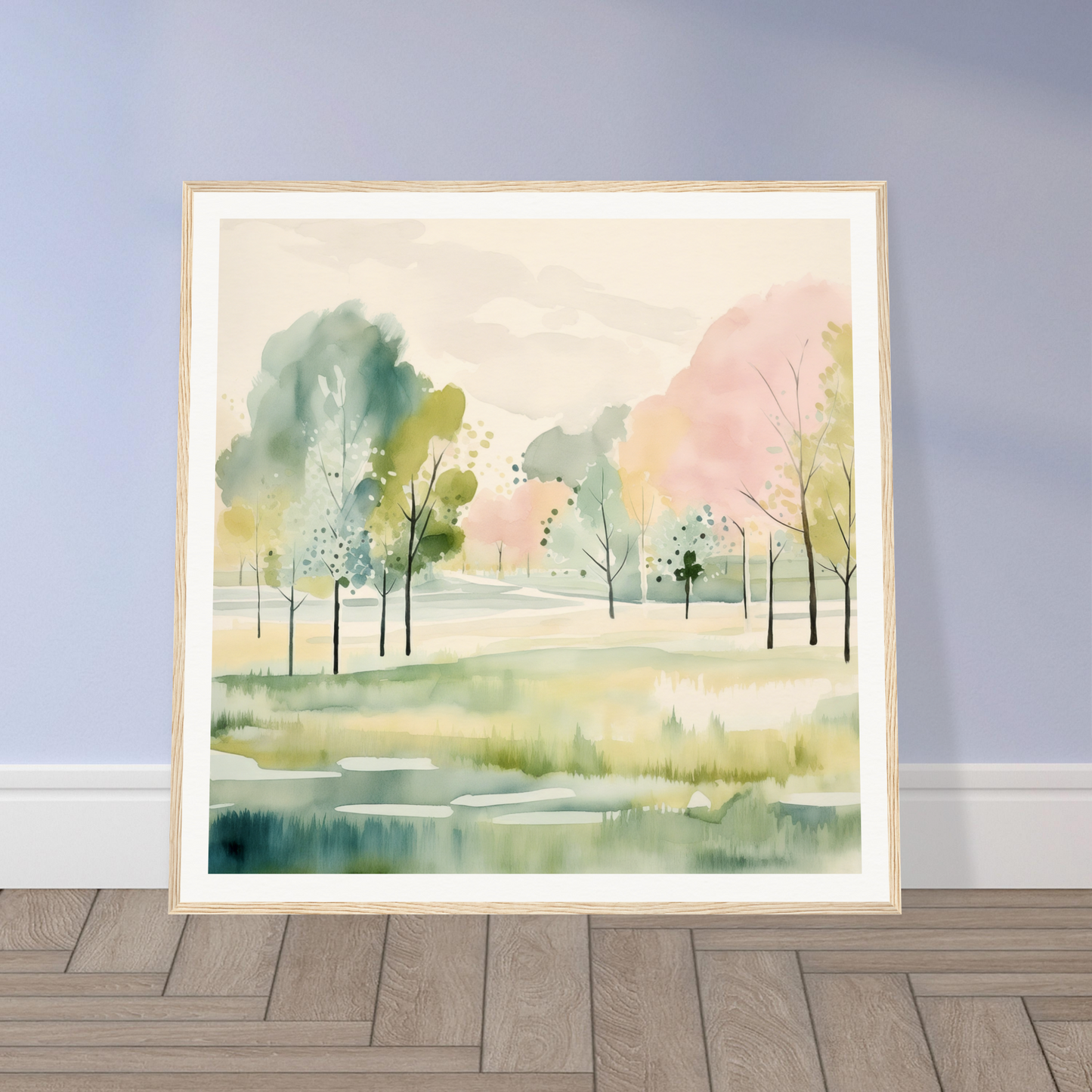 Framed watercolor nursery wall art of a peaceful landscape with trees and a pond