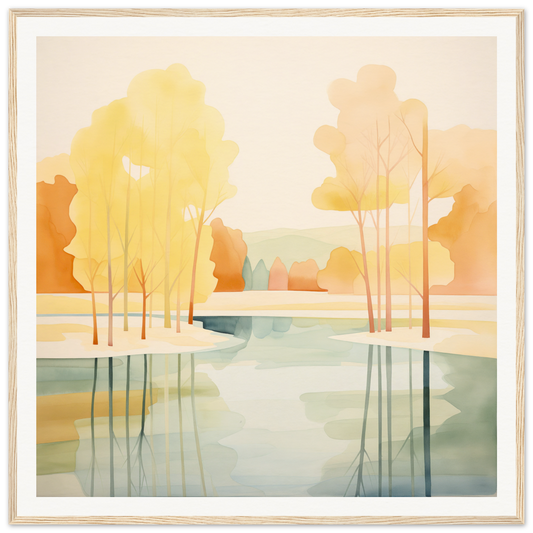 Watercolor autumn trees reflection in calm river for nursery wall art decor