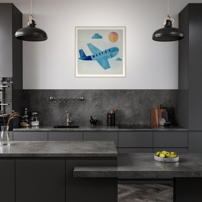 Modern dark kitchen with matte black cabinets and whimsical airplane nursery wall art