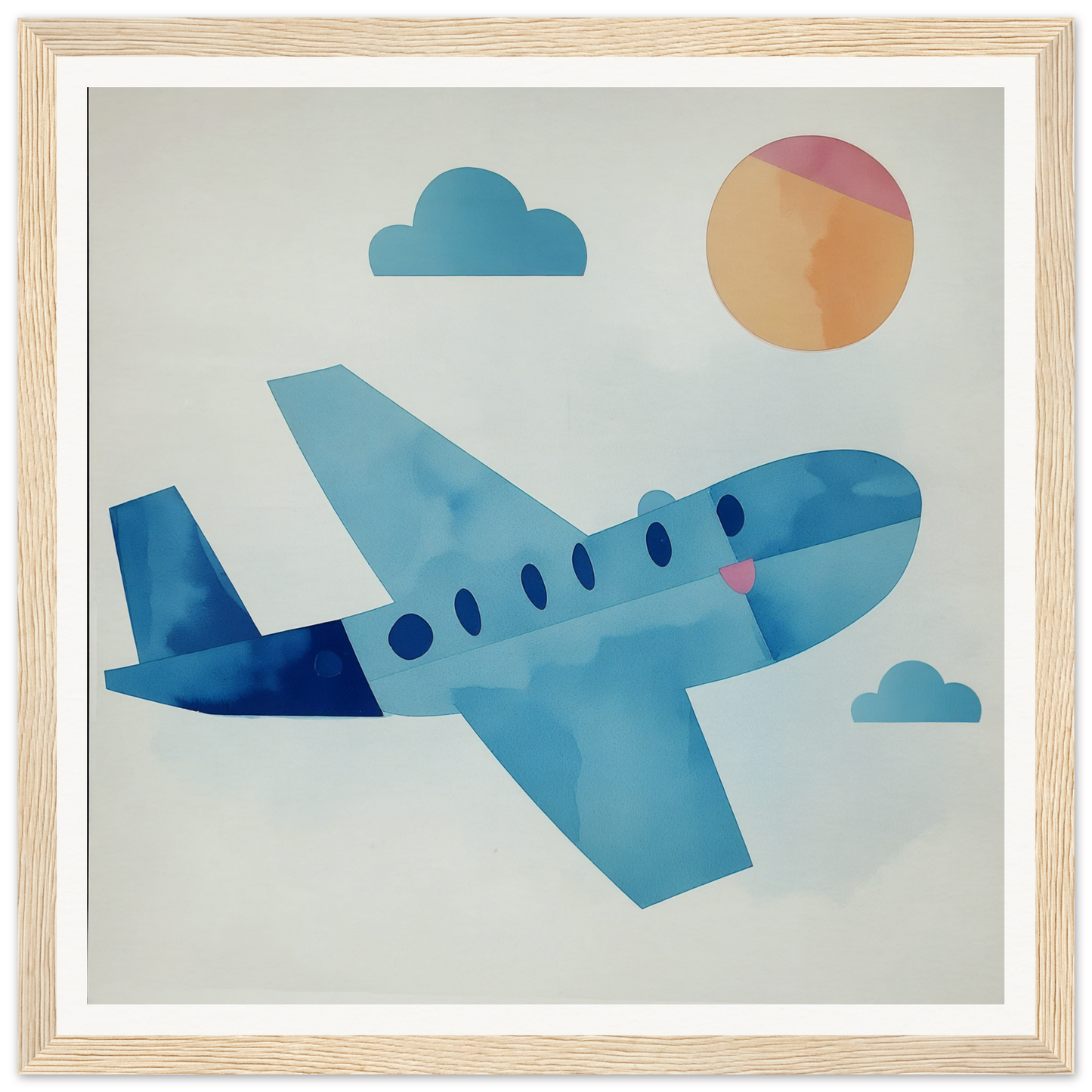 Light blue cartoon airplane with round windows for nursery wall art or decor