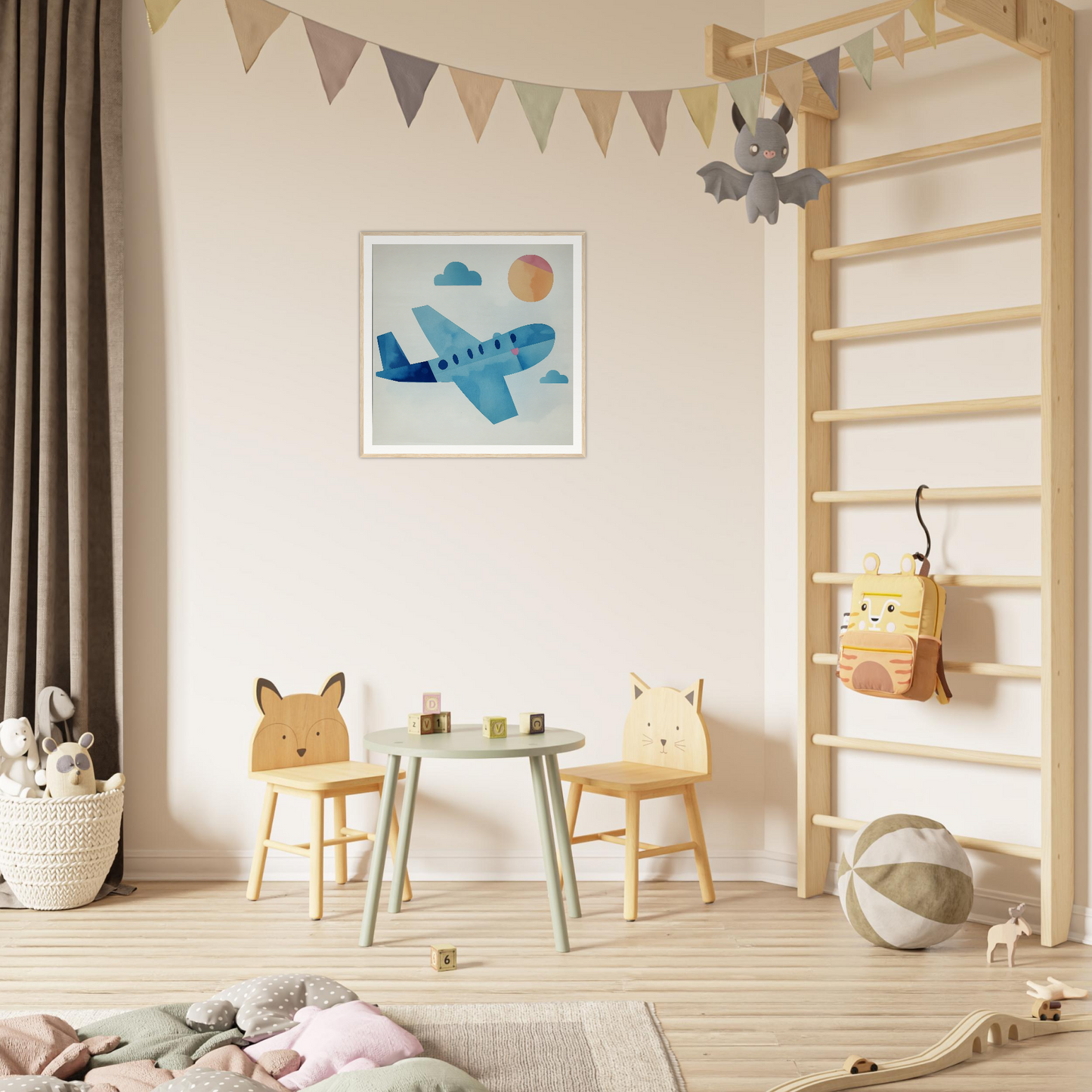 Wooden animal-themed chairs and table in vibrant children’s play area for nursery decor