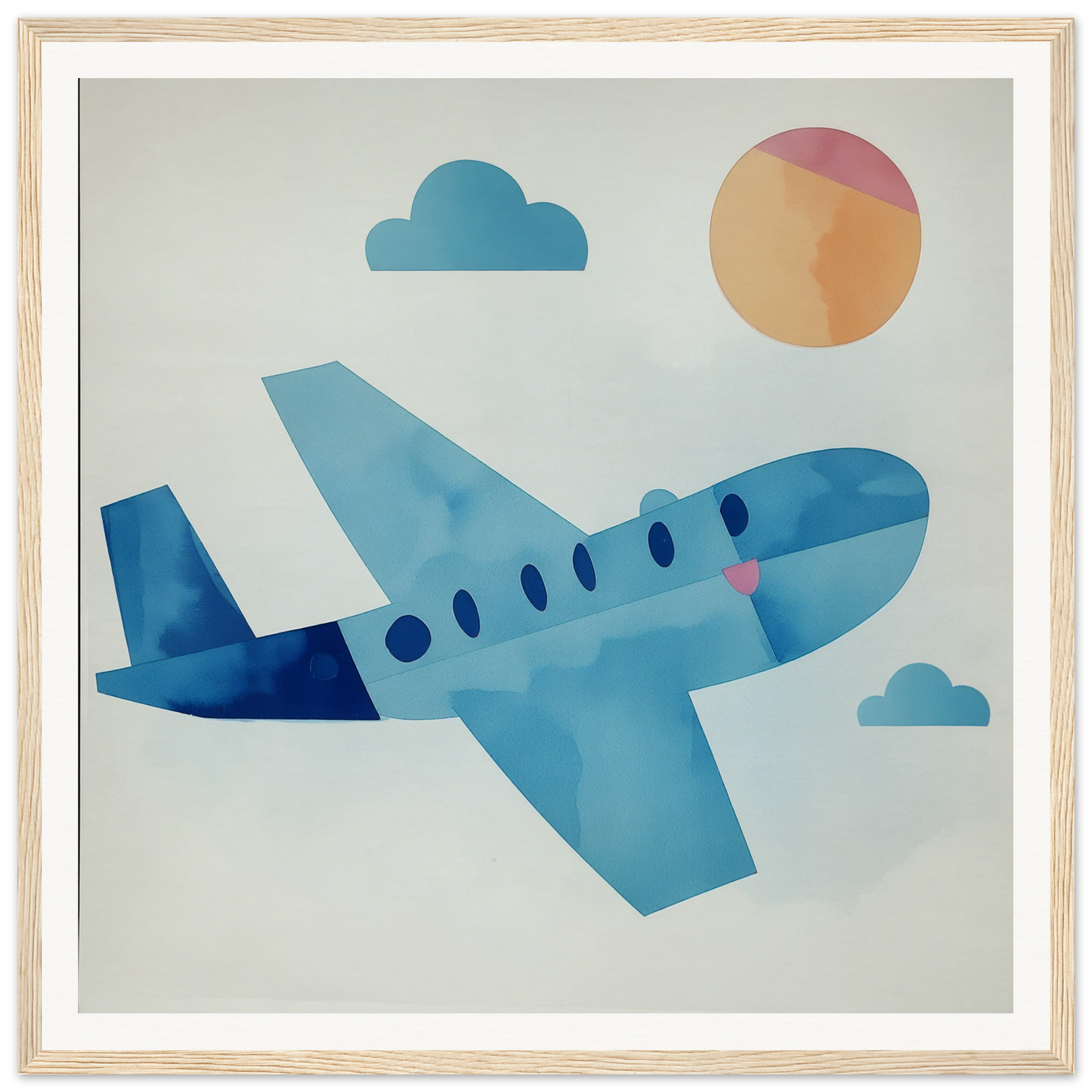 Blue cartoon airplane with circular windows for cute nursery wall art or decor