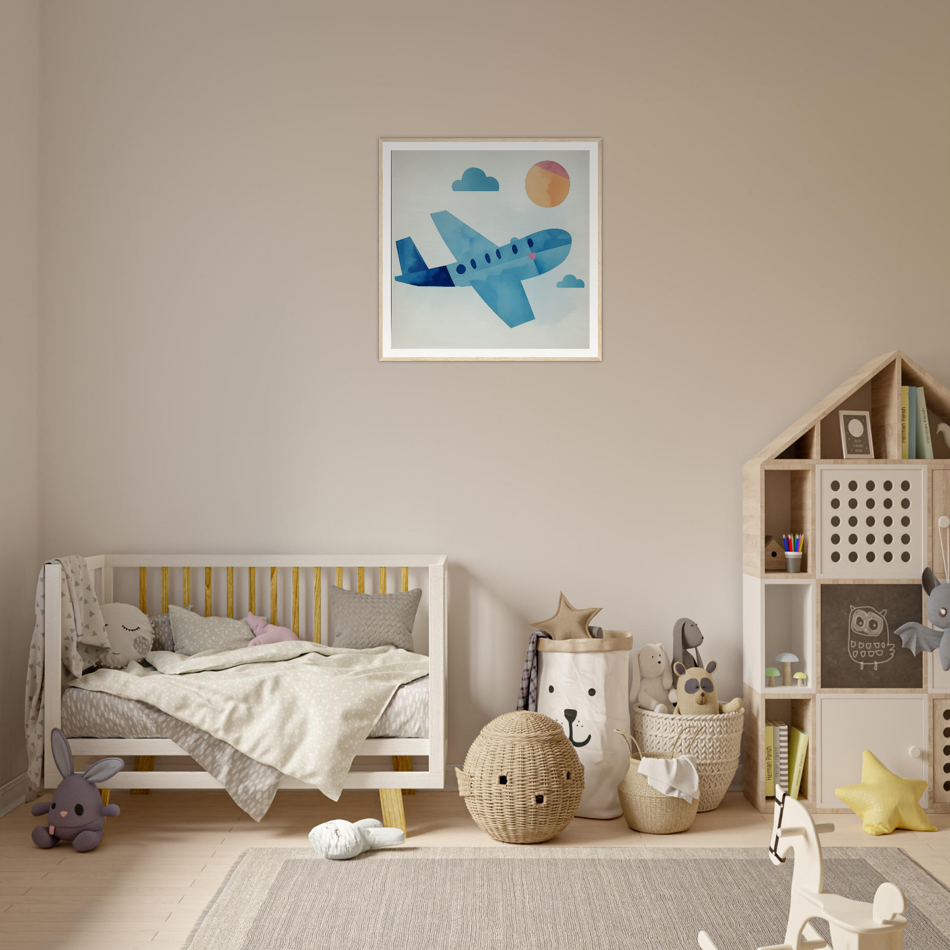 Framed poster of a blue airplane with clouds and sun, perfect for nursery wall art