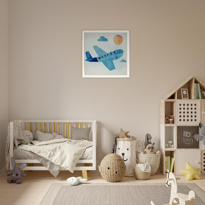 Framed poster of a blue airplane with clouds and sun, perfect for nursery wall art