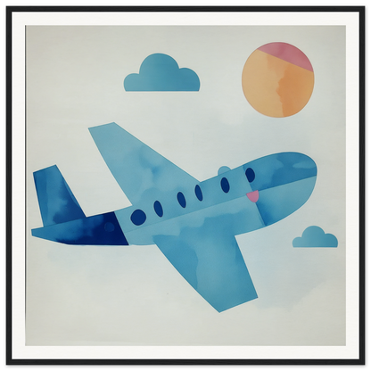 Blue cartoon airplane with circular windows, perfect for nursery wall art or decor