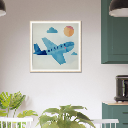 Framed poster of a blue airplane flying among clouds, perfect for nursery wall art