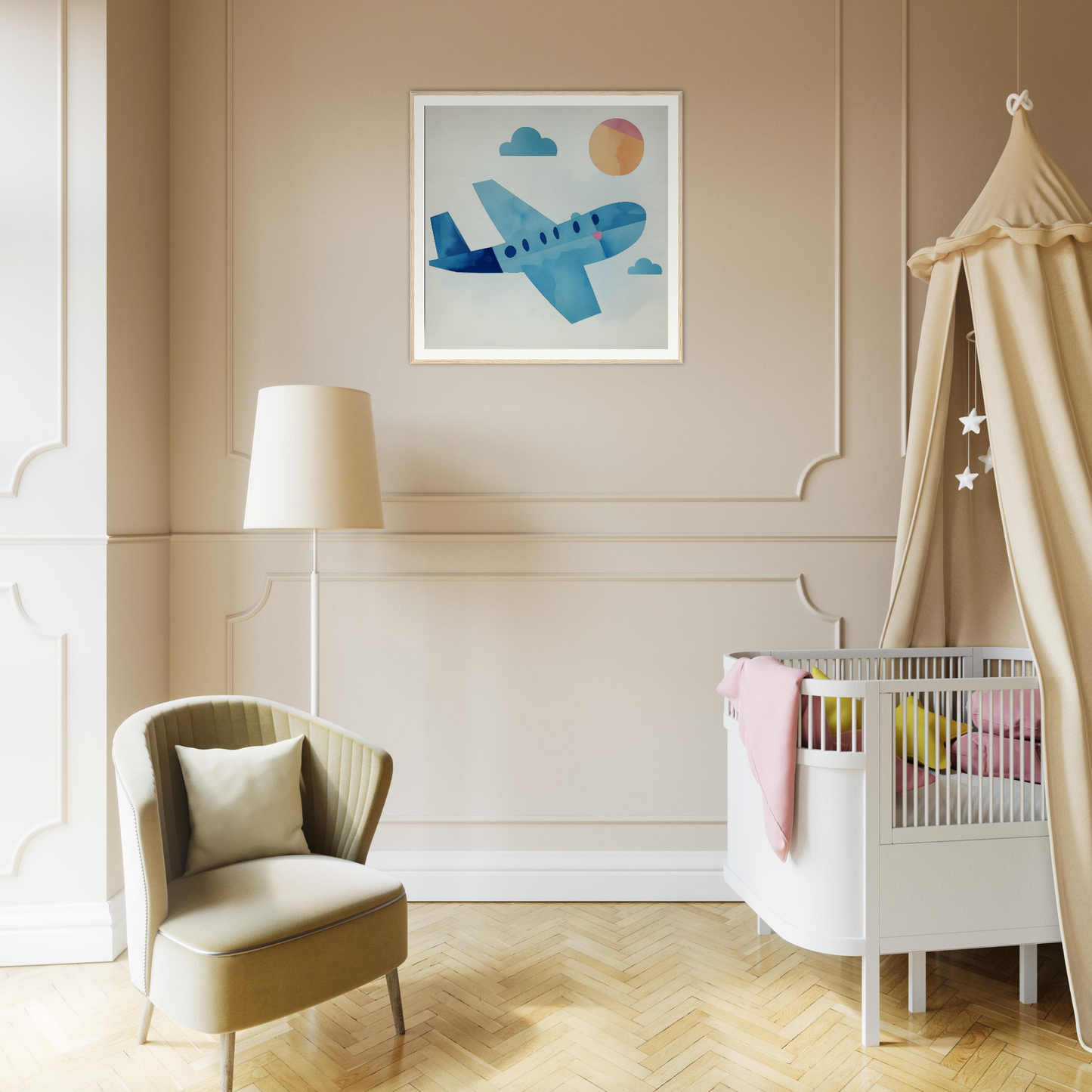 Modern nursery decor with a white crib, beige canopy, and airplane nursery wall art