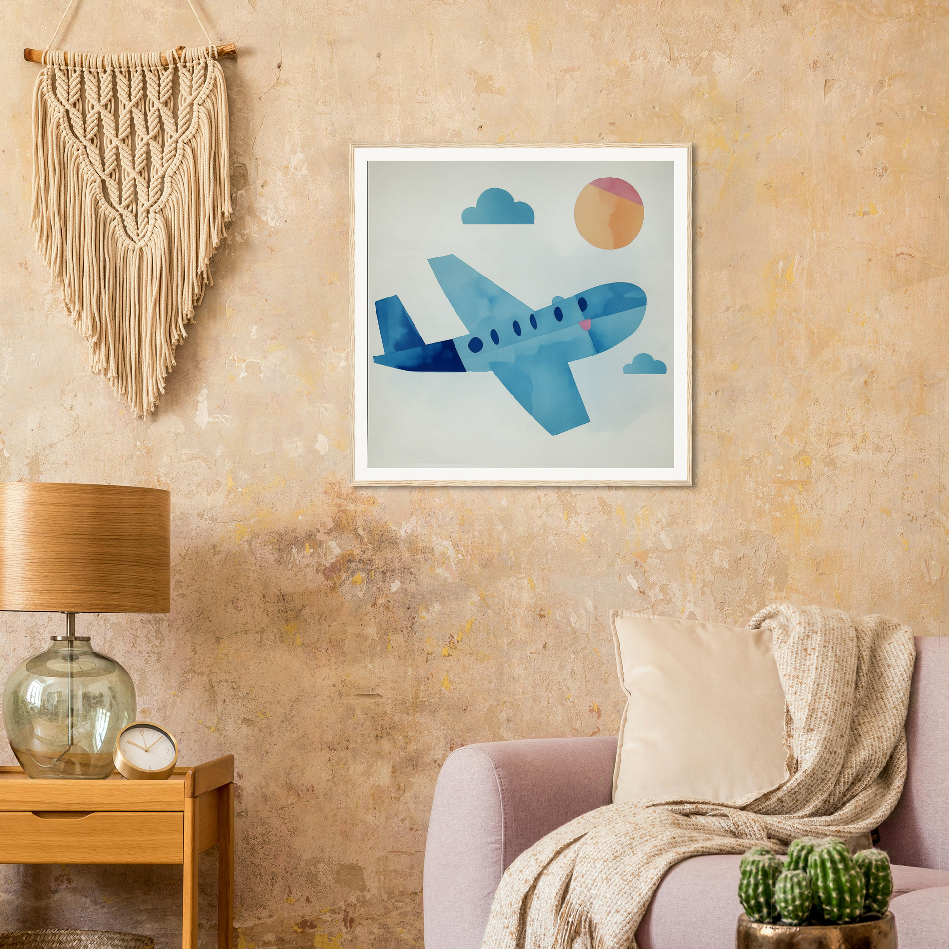 Framed poster of a blue airplane in clouds with an orange sun, perfect nursery wall art