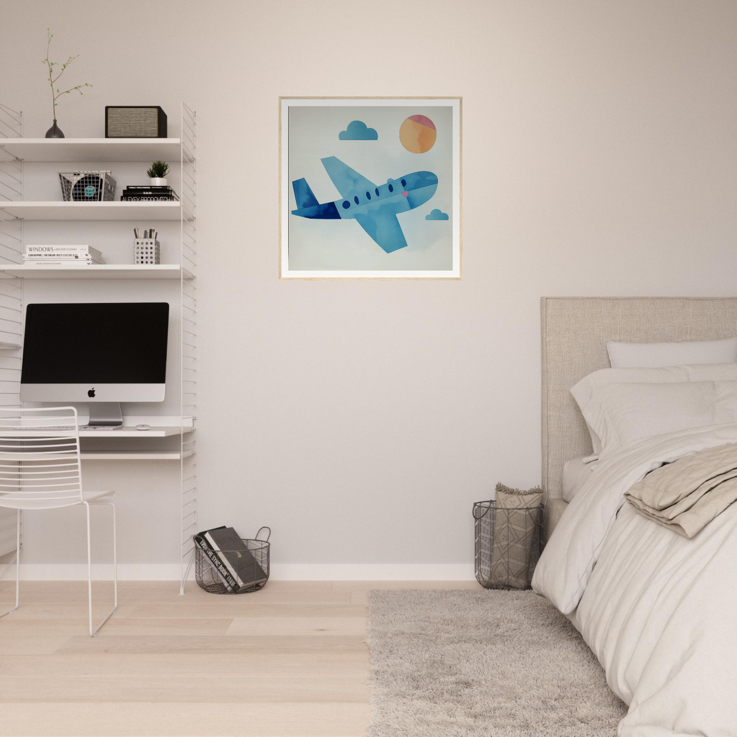 Minimalist bedroom with floating shelves, iMac, and airplane nursery wall art