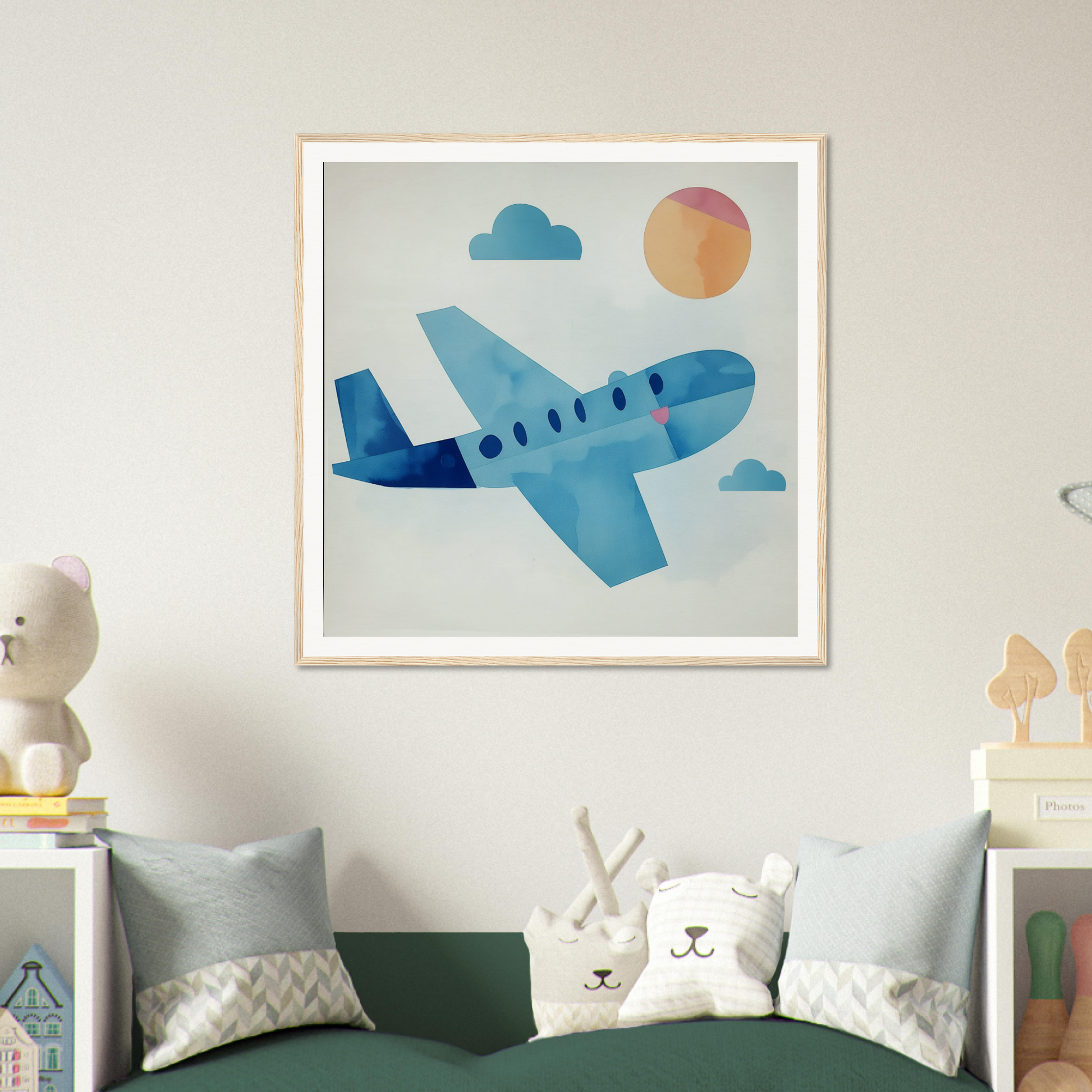 Blue cartoon airplane with white stripes in clouds, perfect for nursery wall art decor