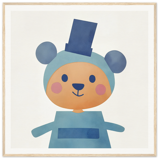 Cute cartoon bear in a blue outfit and top hat for nursery wall art decor