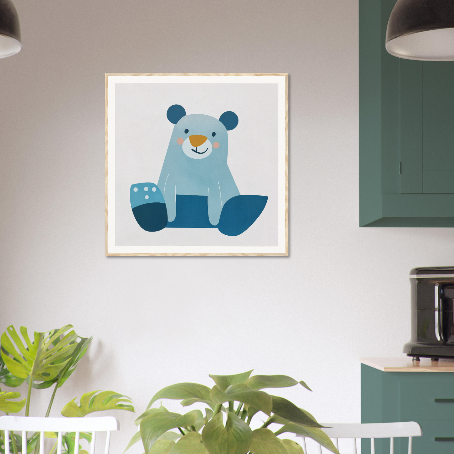 Framed poster of a light blue teddy bear, perfect for nursery wall art or decor