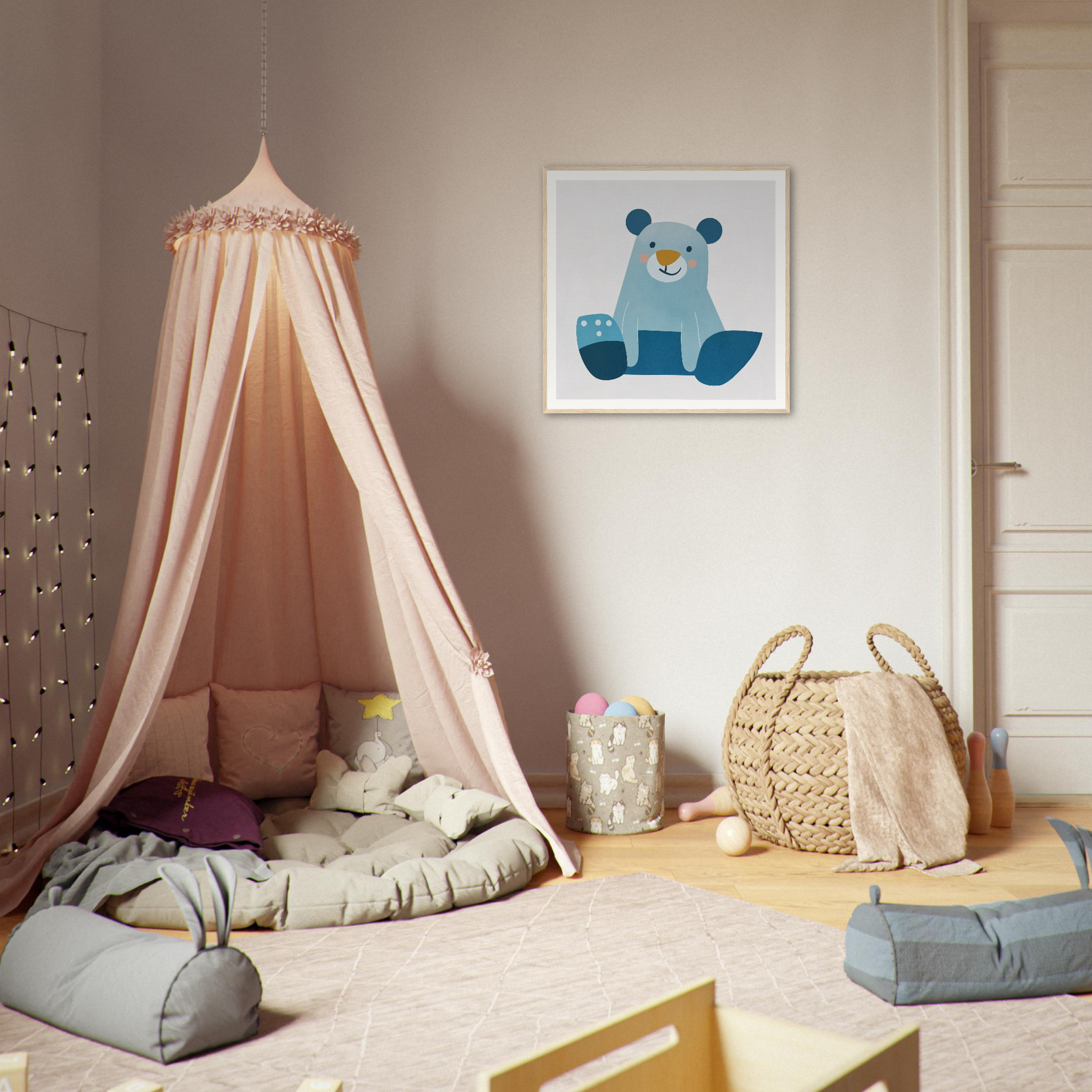 Peach canopy tent with cushions, perfect for nursery decor and comfy vibes