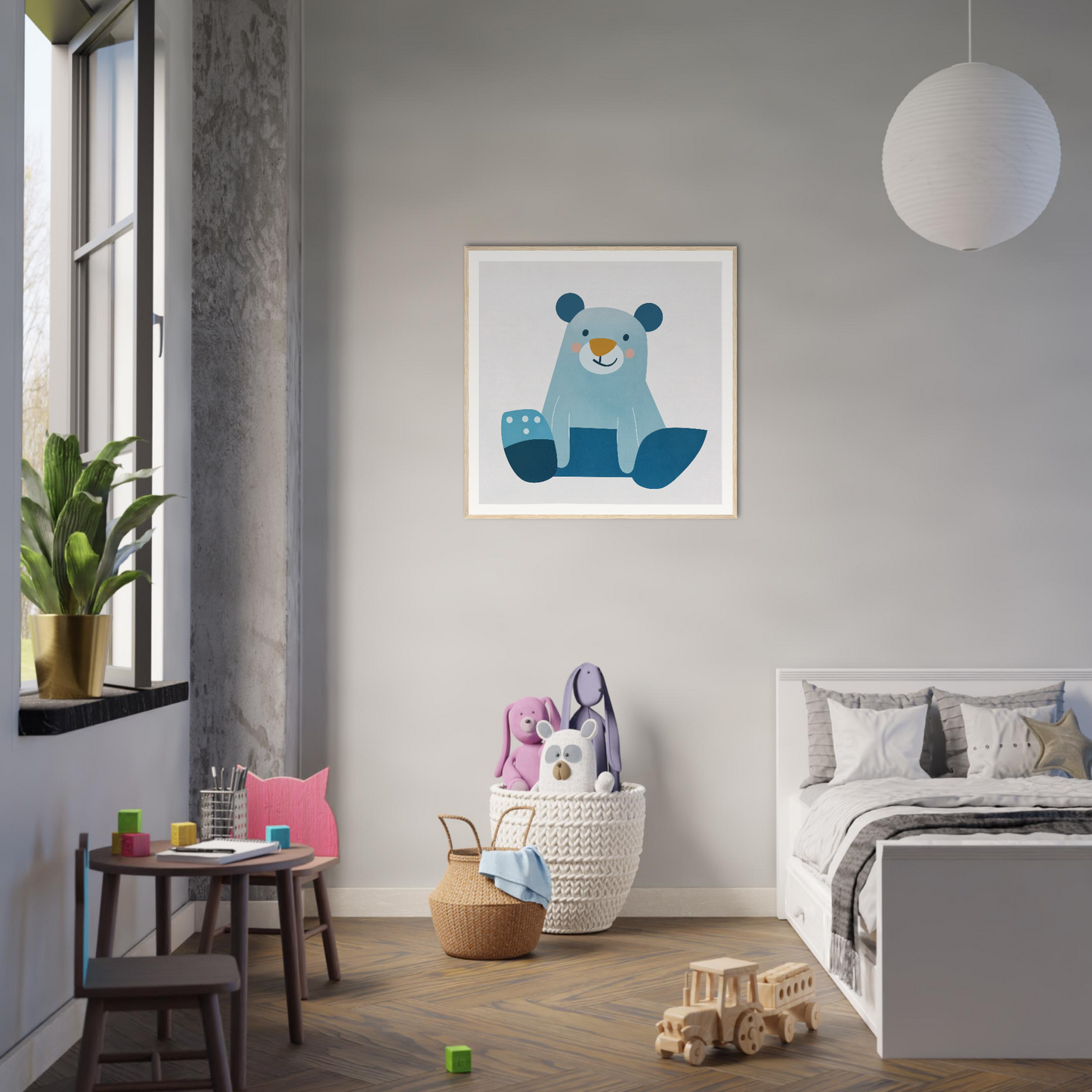 Framed blue teddy bear illustration for cute nursery wall art and decor