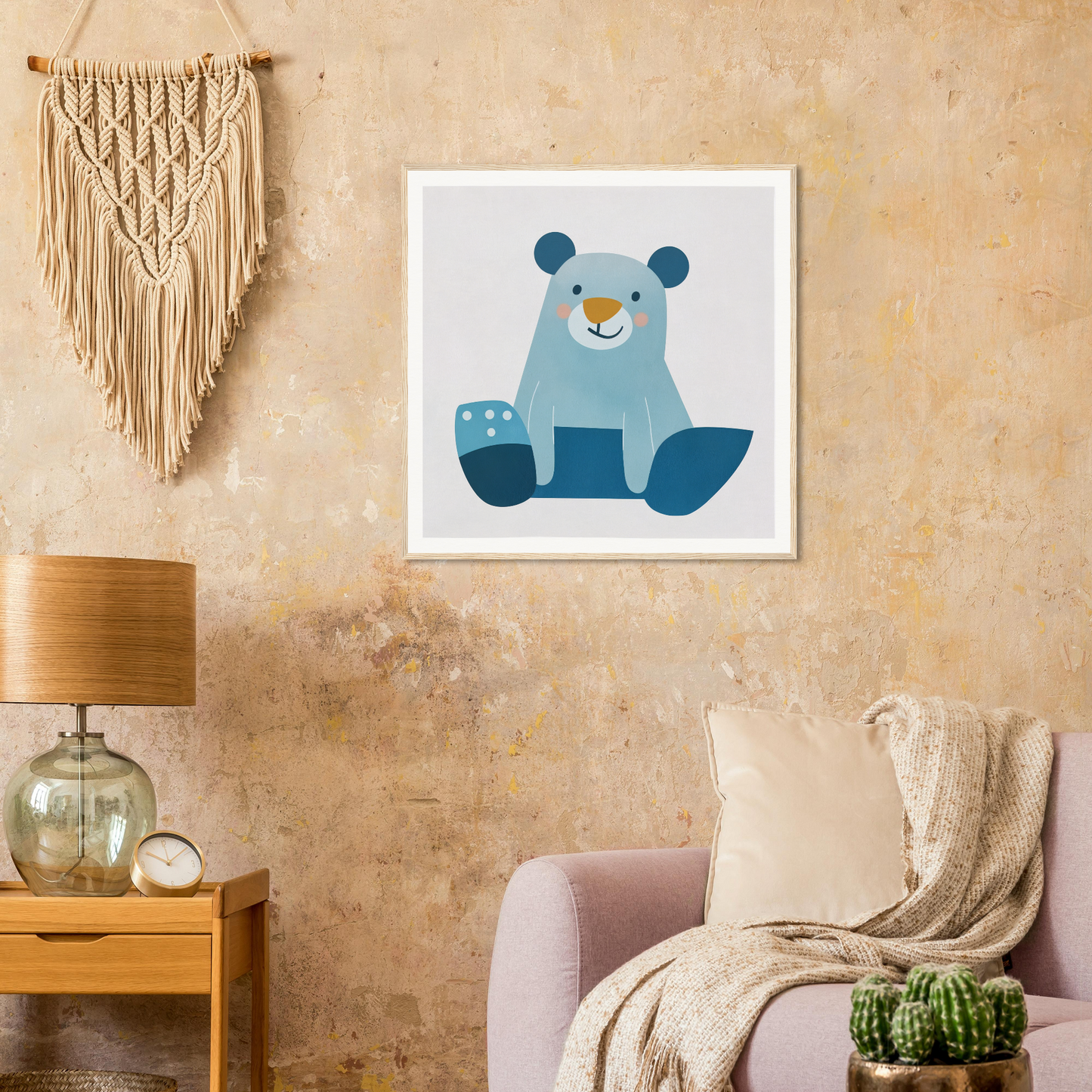 Cute blue cartoon bear illustration in a white frame for nursery wall art decor