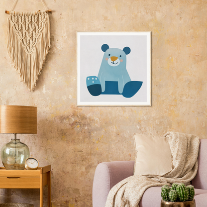 Cute blue cartoon bear illustration in a white frame for nursery wall art decor