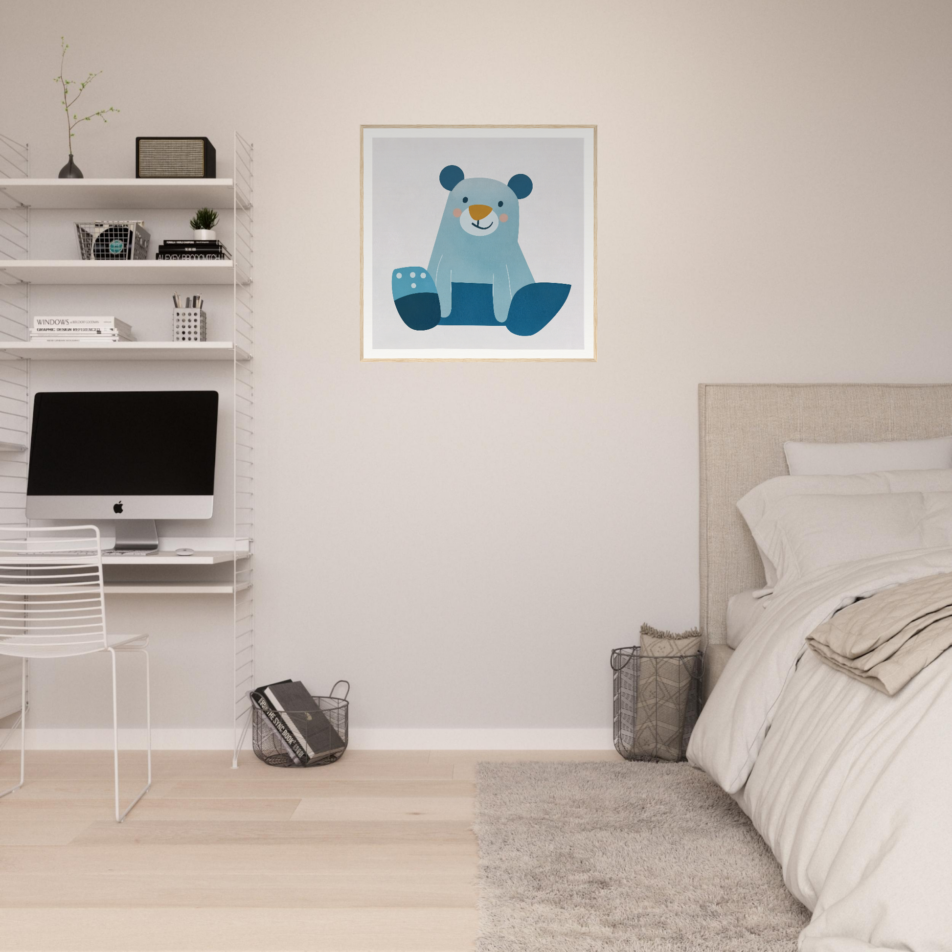 Cute blue cartoon bear framed poster for nursery wall art and decor