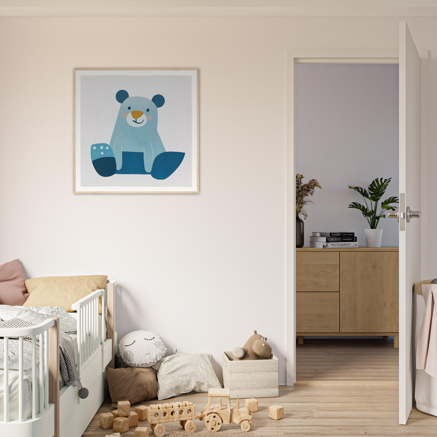 Framed blue cartoon bear artwork for cute nursery wall art and decor in product205