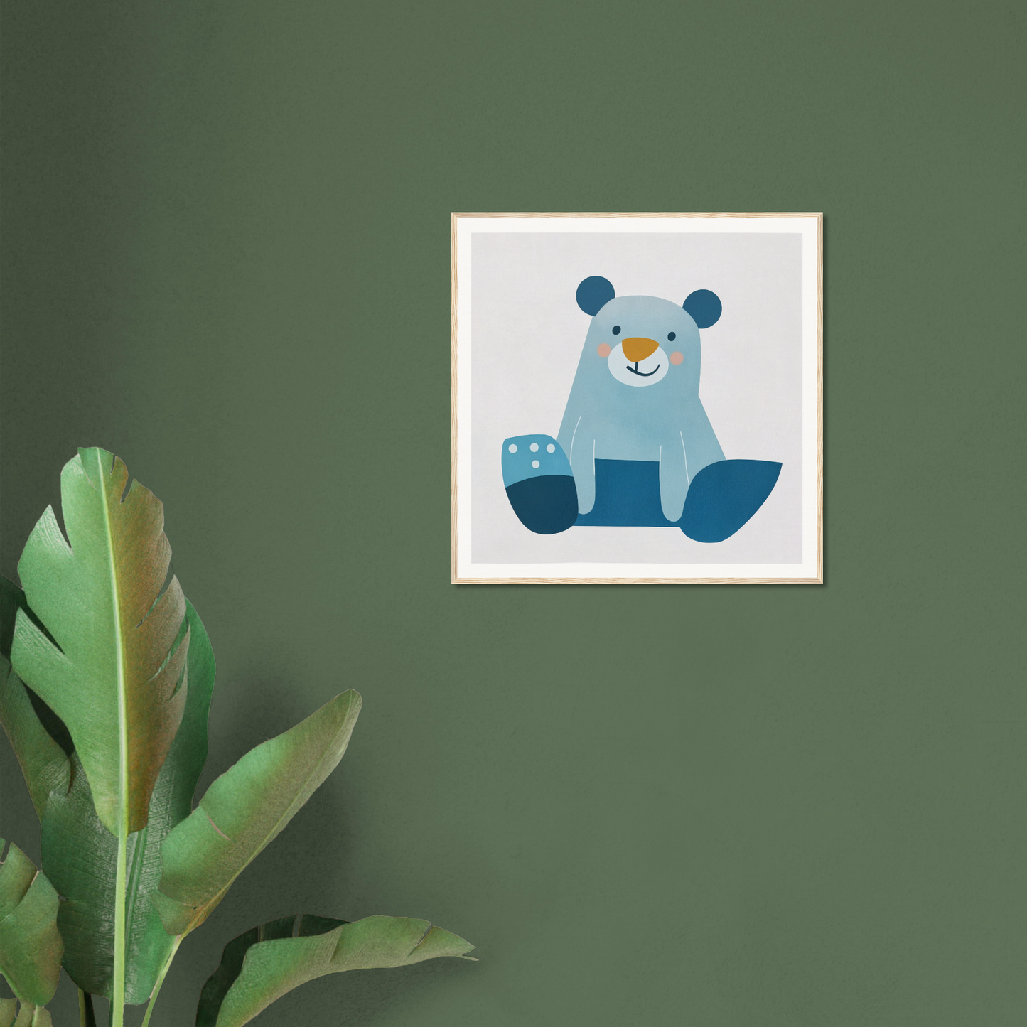 Framed cartoon illustration of a blue teddy bear, perfect for nursery wall art