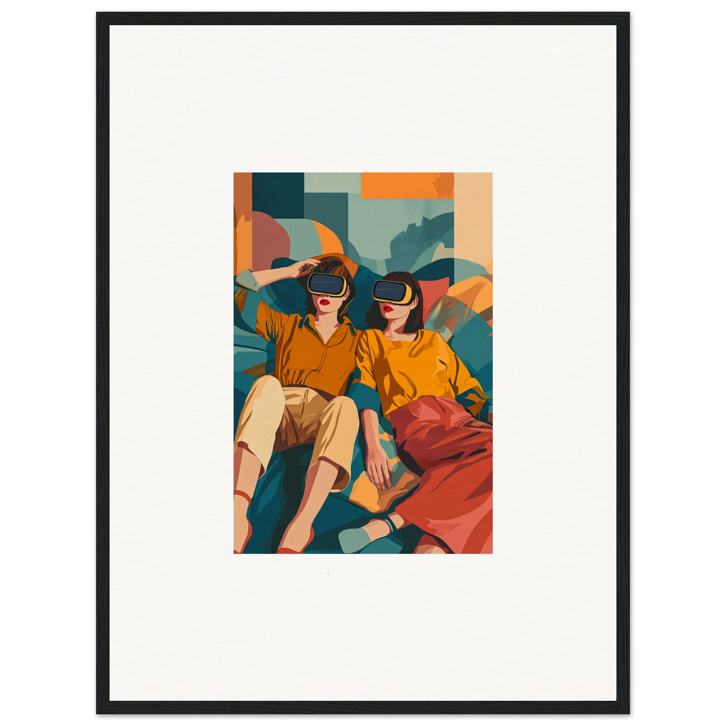 Framed wall art of two people in VR headsets, showcasing colorful visions forecast