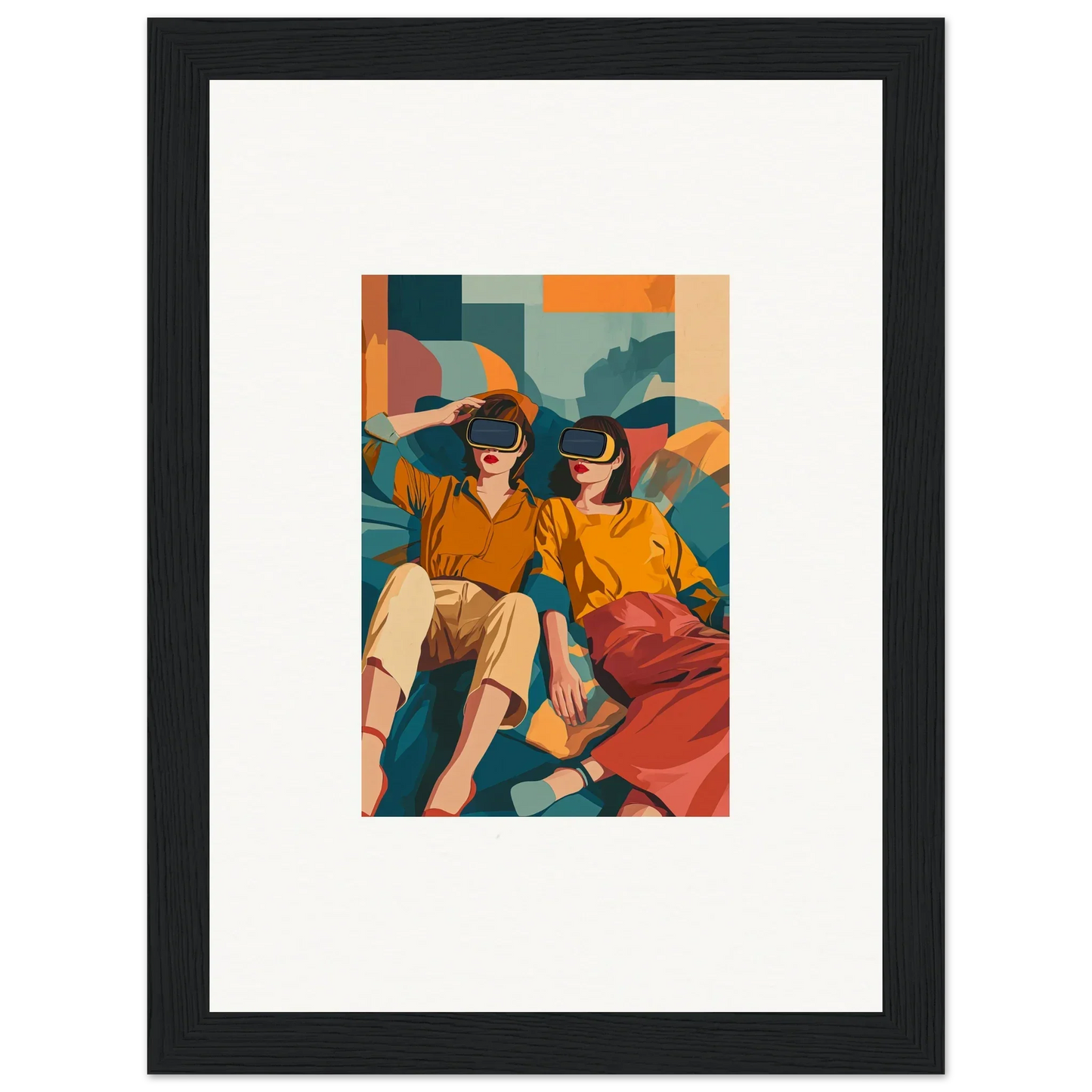 Framed illustration of two people in retro VR gear, ideal for product206 delivery times include