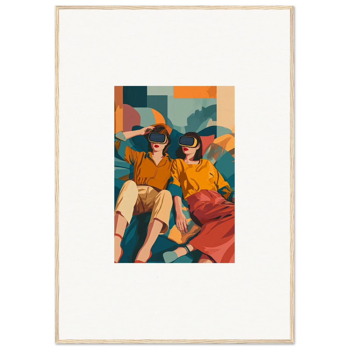 Framed illustration of two people in casual wear enjoying VR headsets, weeks delivery time