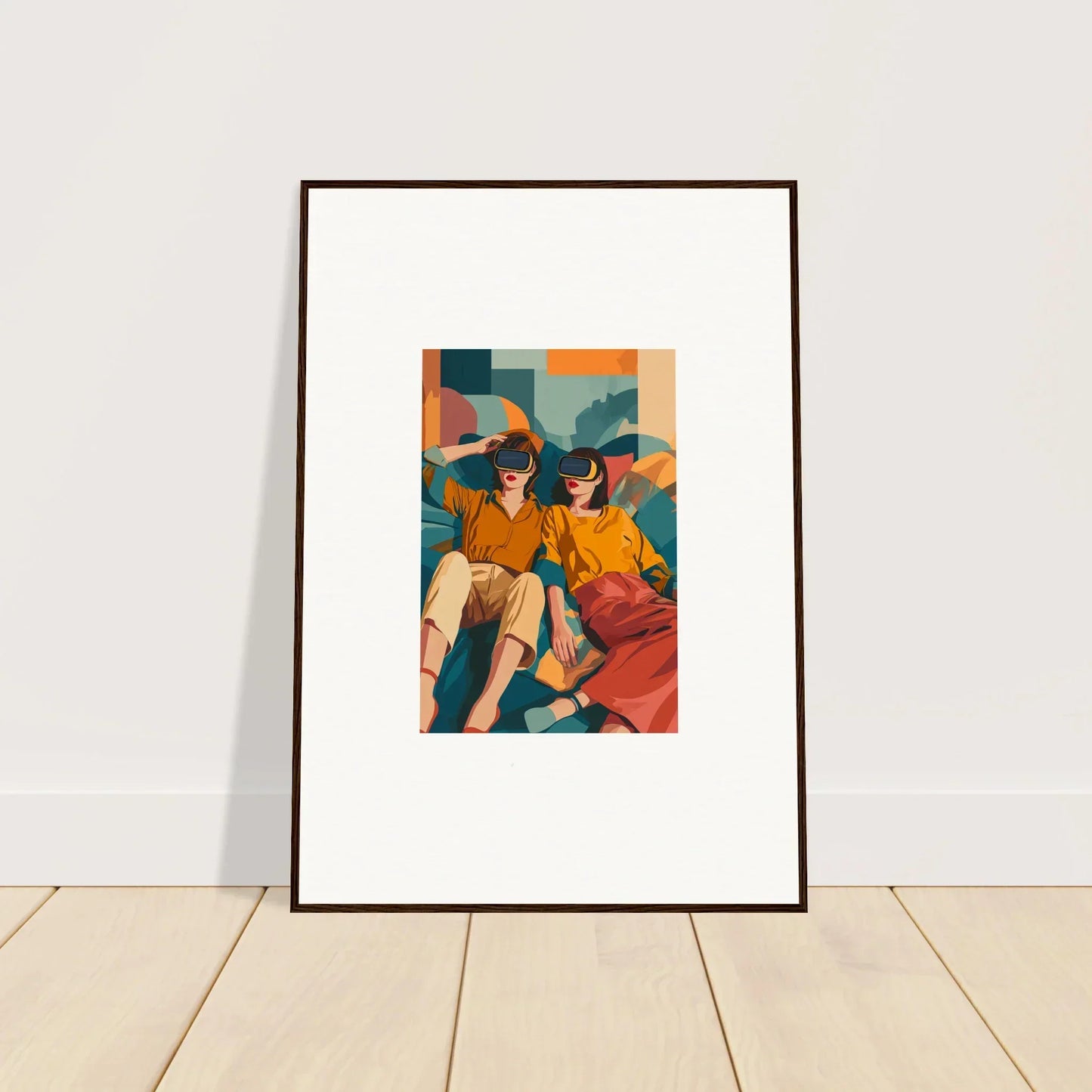 Framed wall art of two stylized figures in colorful surroundings for visions forecast room decor