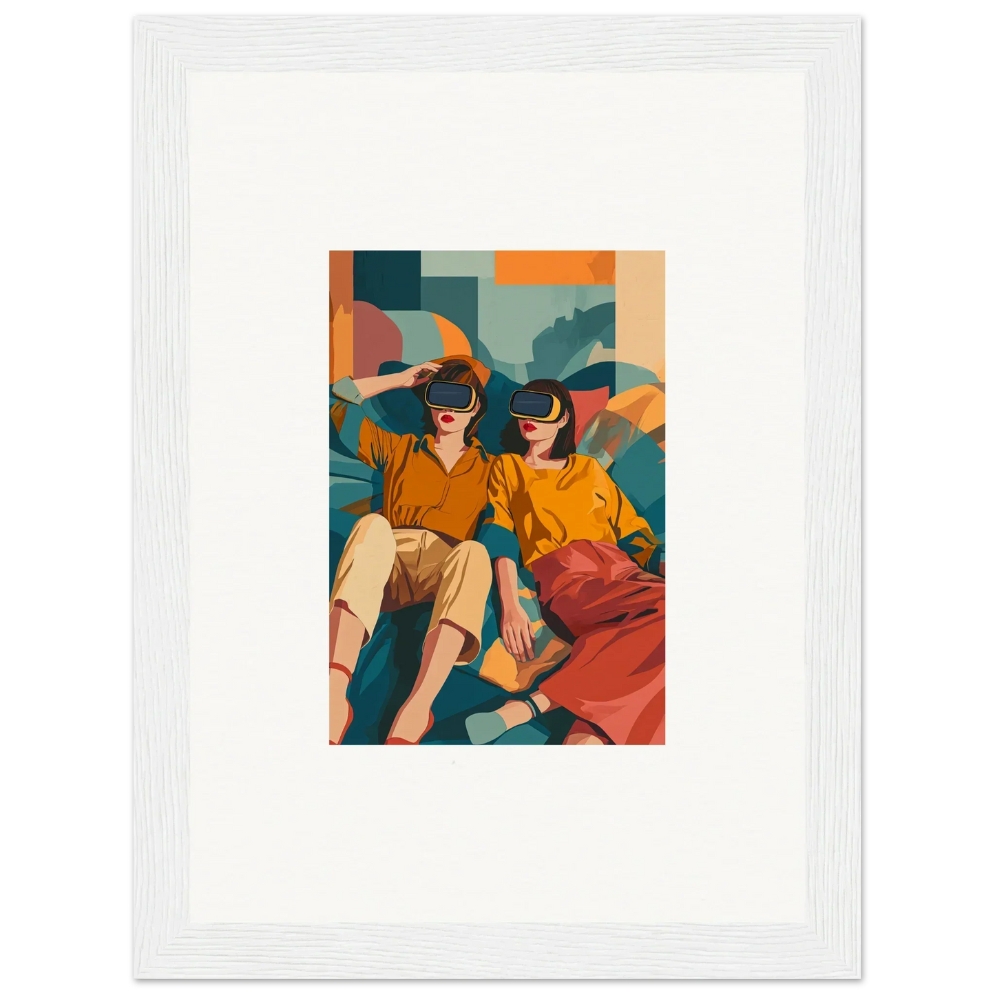 Framed wall art featuring a vibrant illustration of two people with virtual reality headsets