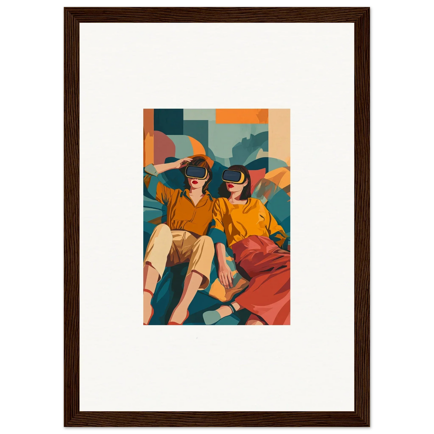 Framed illustration of two people enjoying VR headsets together, delivery times include production time