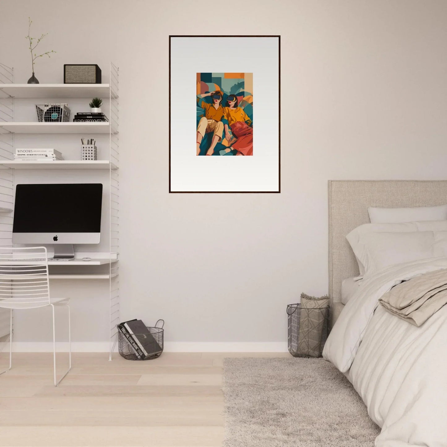 Framed colorful abstract artwork on a white wall, product206 with weeks delivery time