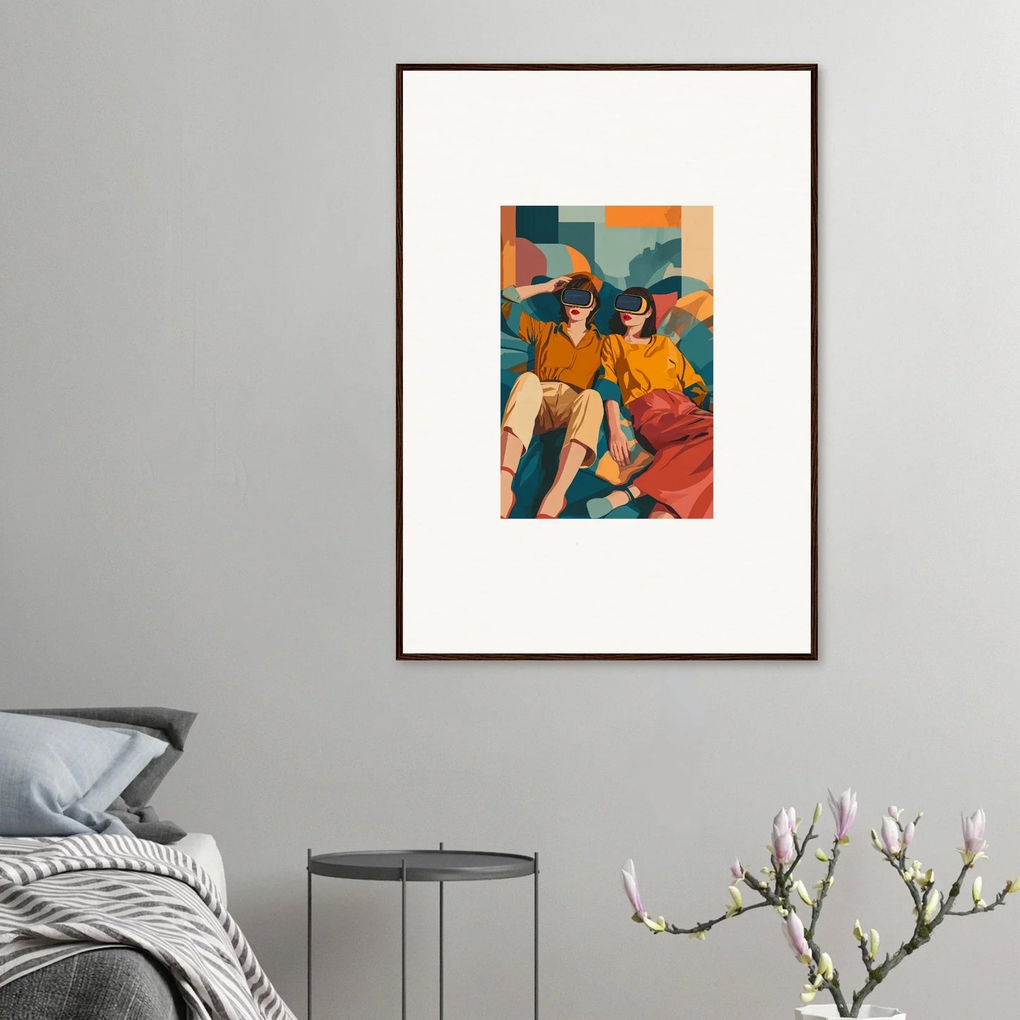 Framed art print of two figures in orange and yellow with geometric background, weeks delivery time