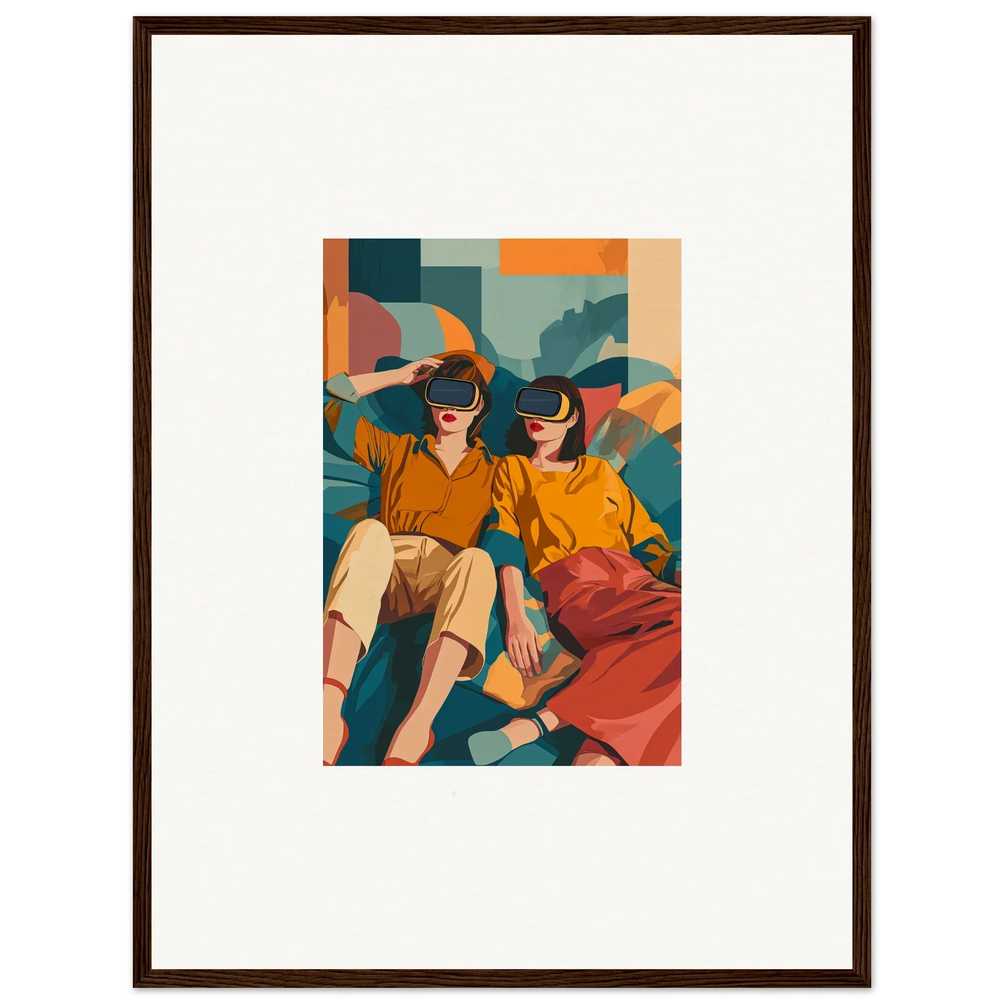 Framed wall art of two people in virtual reality, vibrant visions forecast decor