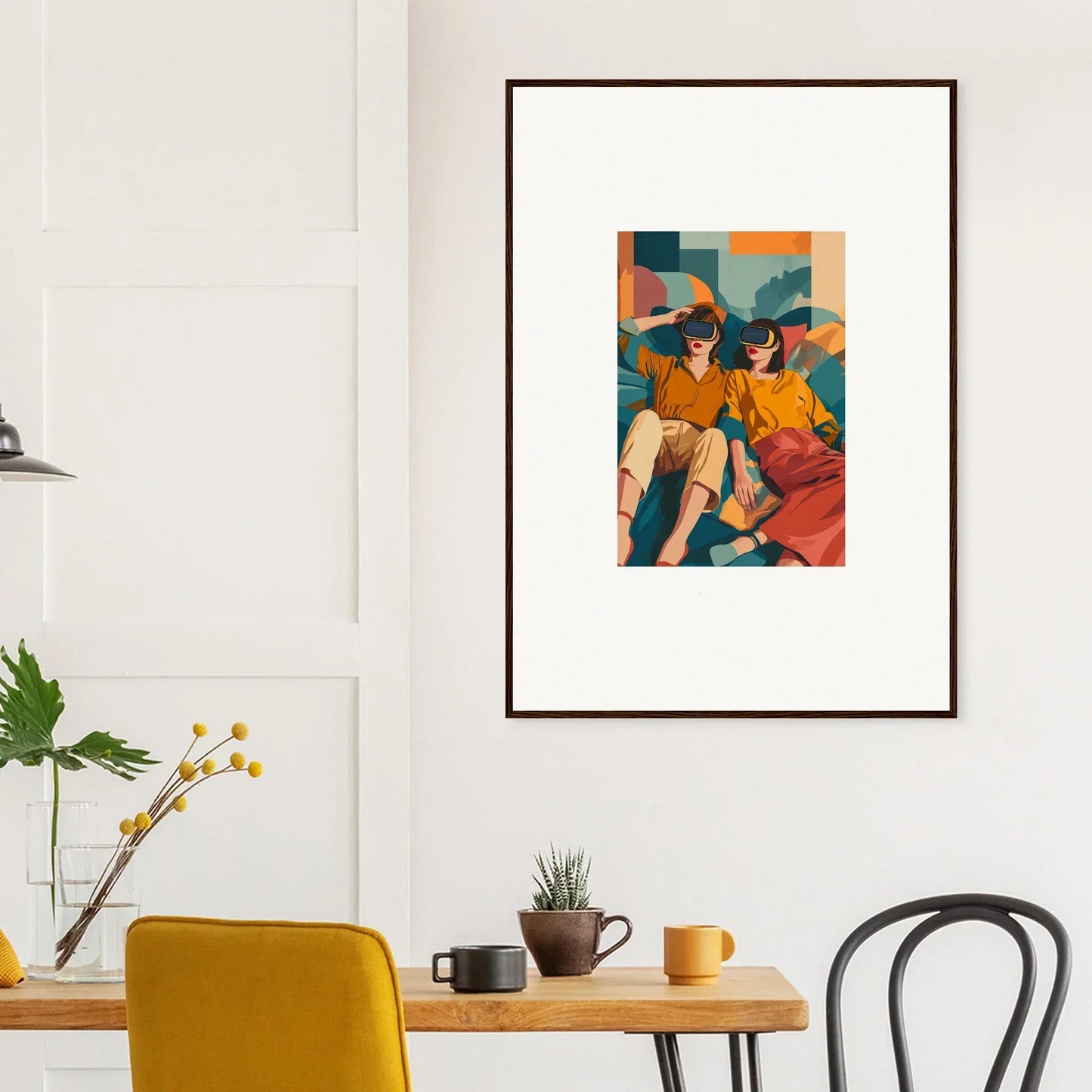 Framed wall art featuring vibrant orange and yellow figures for visions forecast room decor