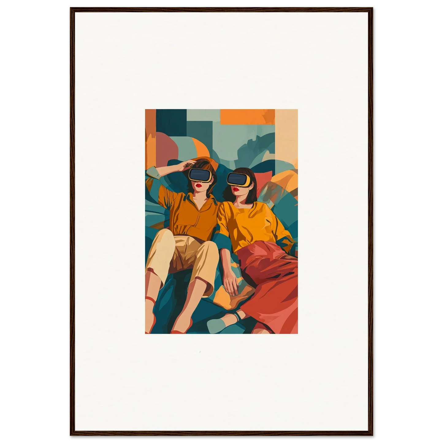 Framed illustration of two people in VR headsets chilling together, fast delivery times include