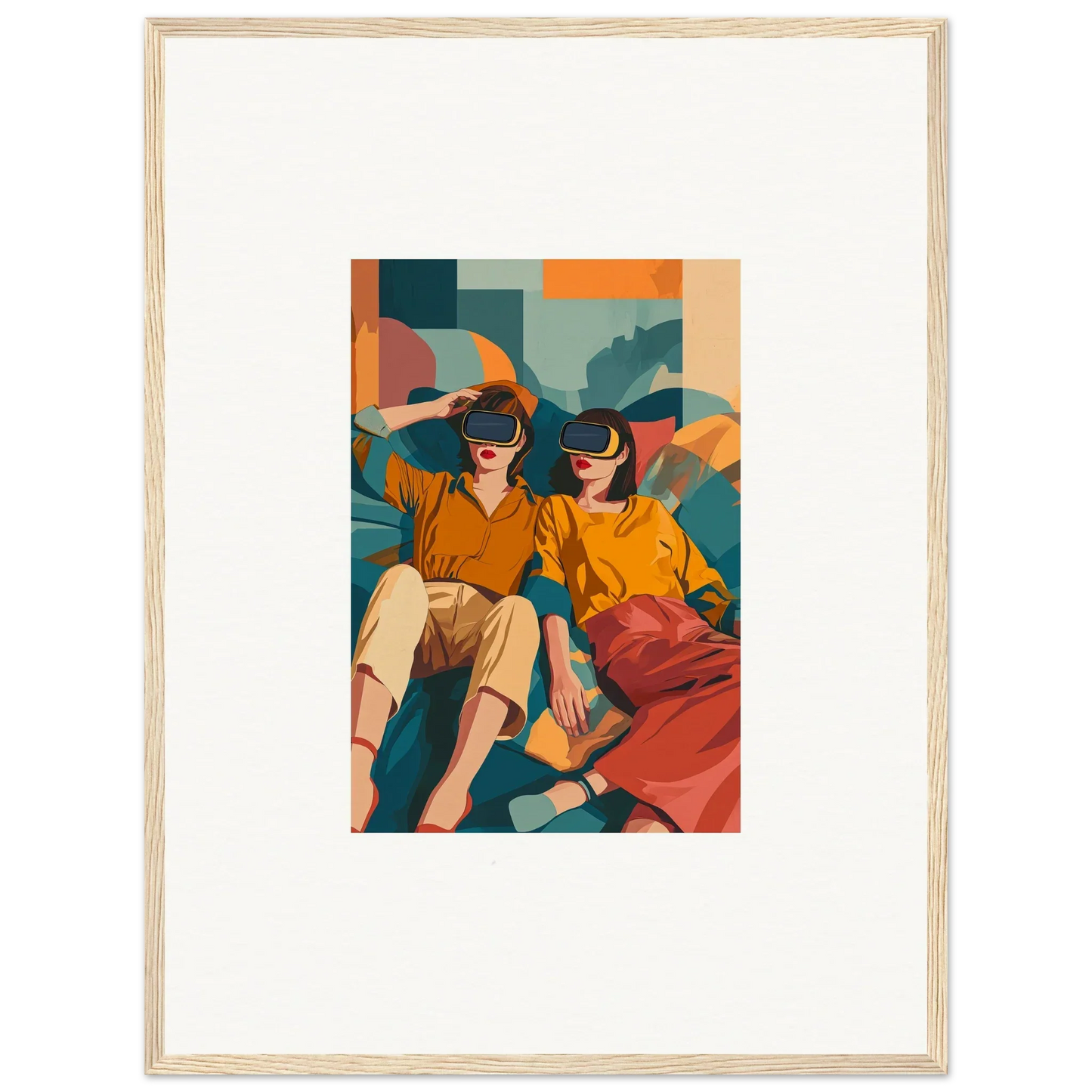 Framed illustration of two people in VR headsets, showcasing product206 with quick delivery times