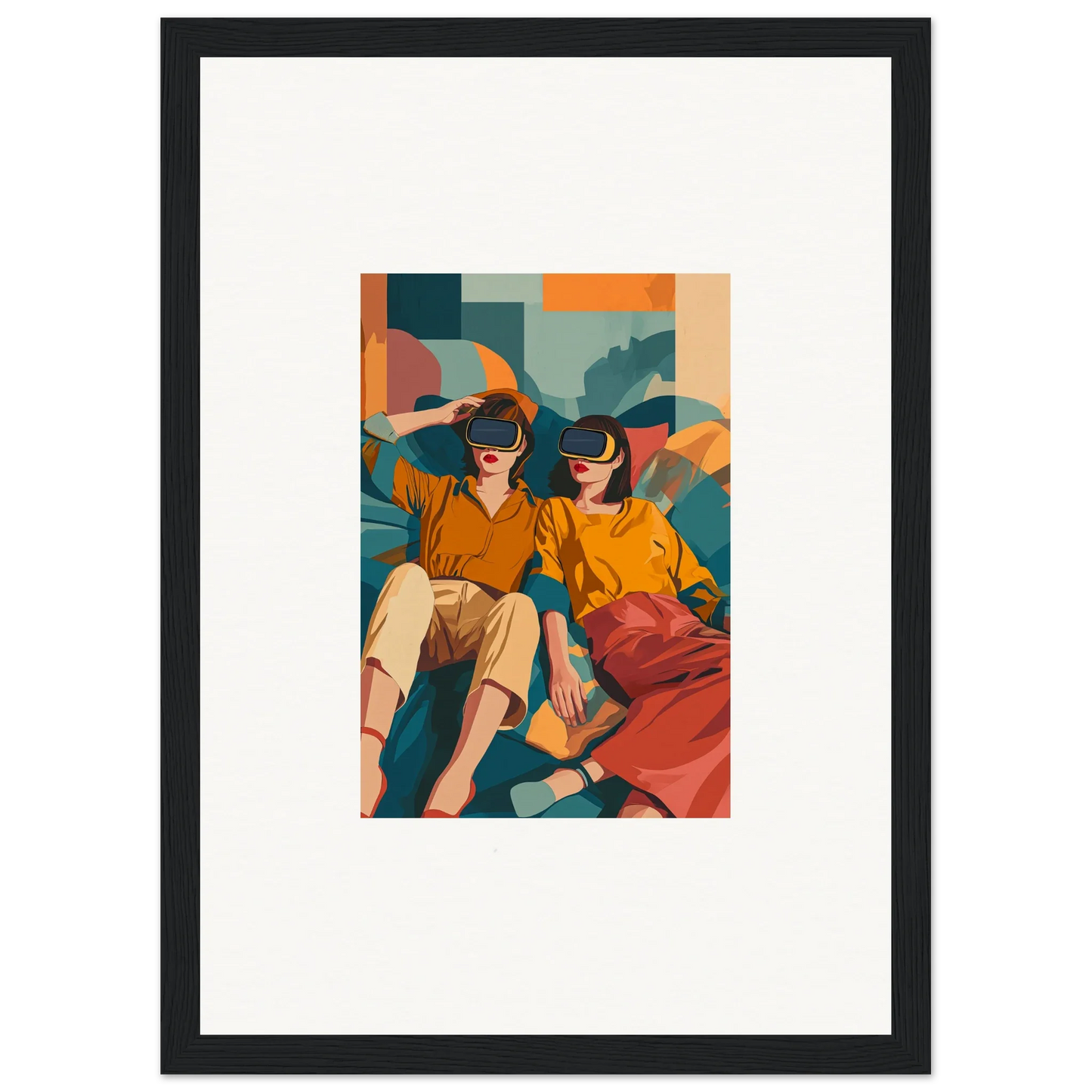 Framed illustration of two people in VR together, with delivery times include production time