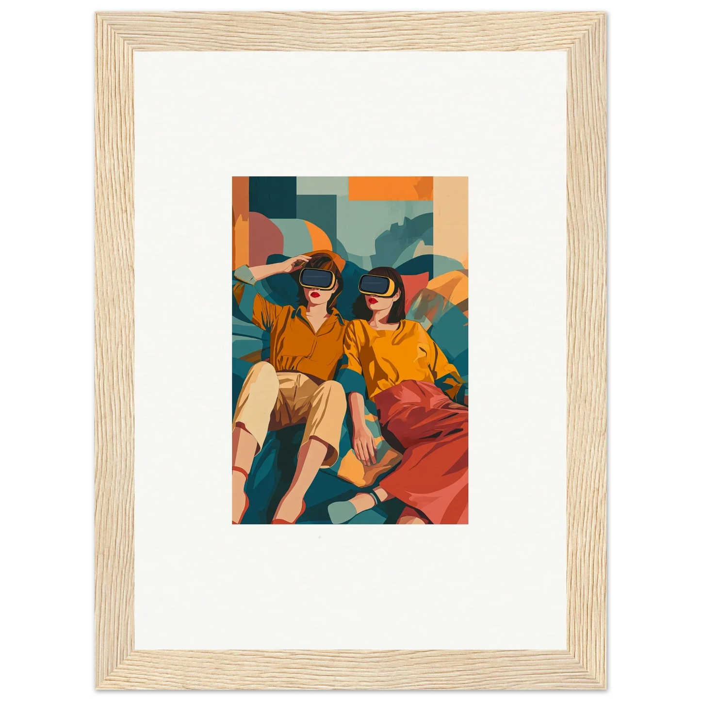 Framed illustration of two friends enjoying VR together; includes production time