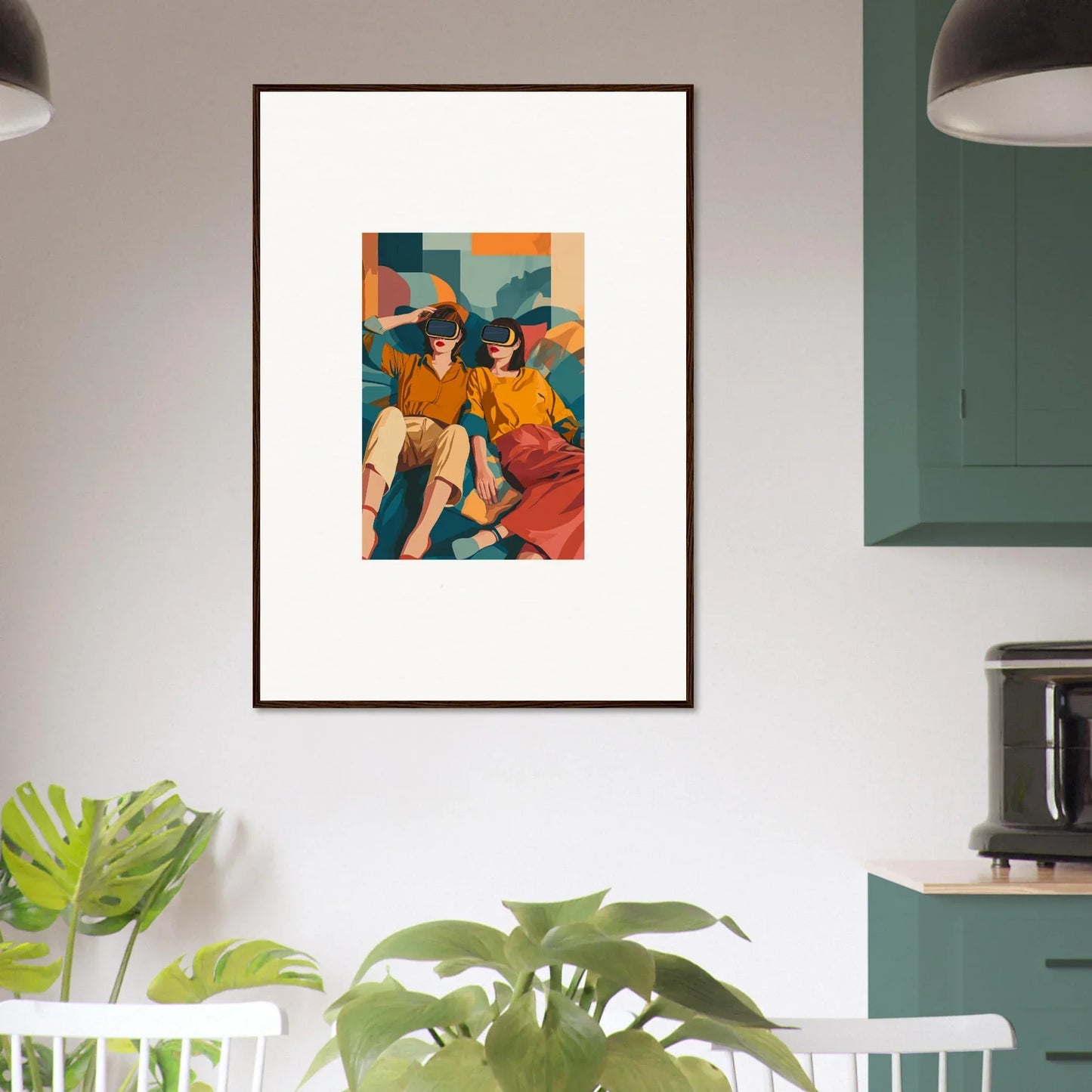 Framed art print of two figures in orange and yellow with geometric background, weeks delivery time