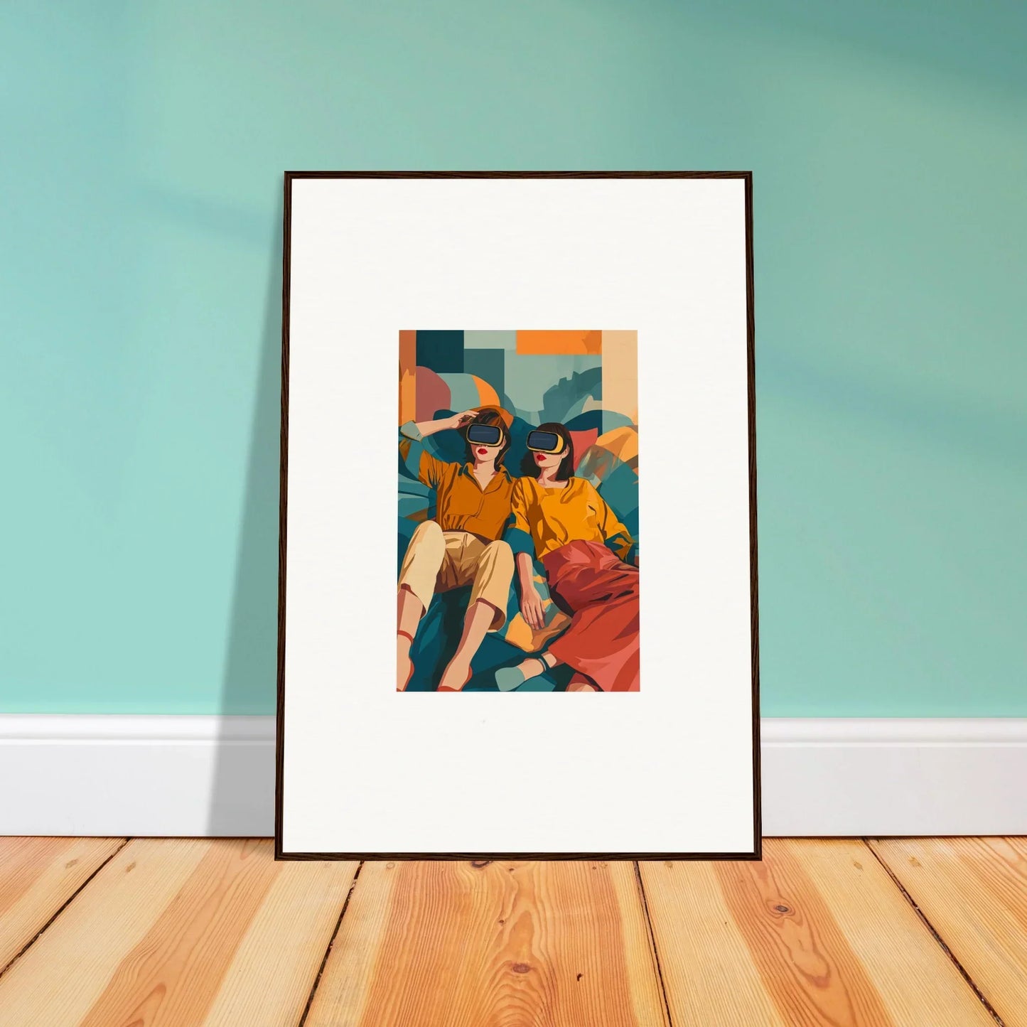 Framed artwork of two figures in orange and yellow, cool blue background, product206 delivery times include production time