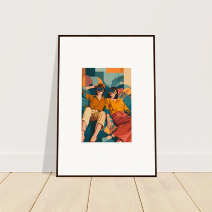 Framed illustration of two figures in orange and yellow among foliage, delivery times include production time