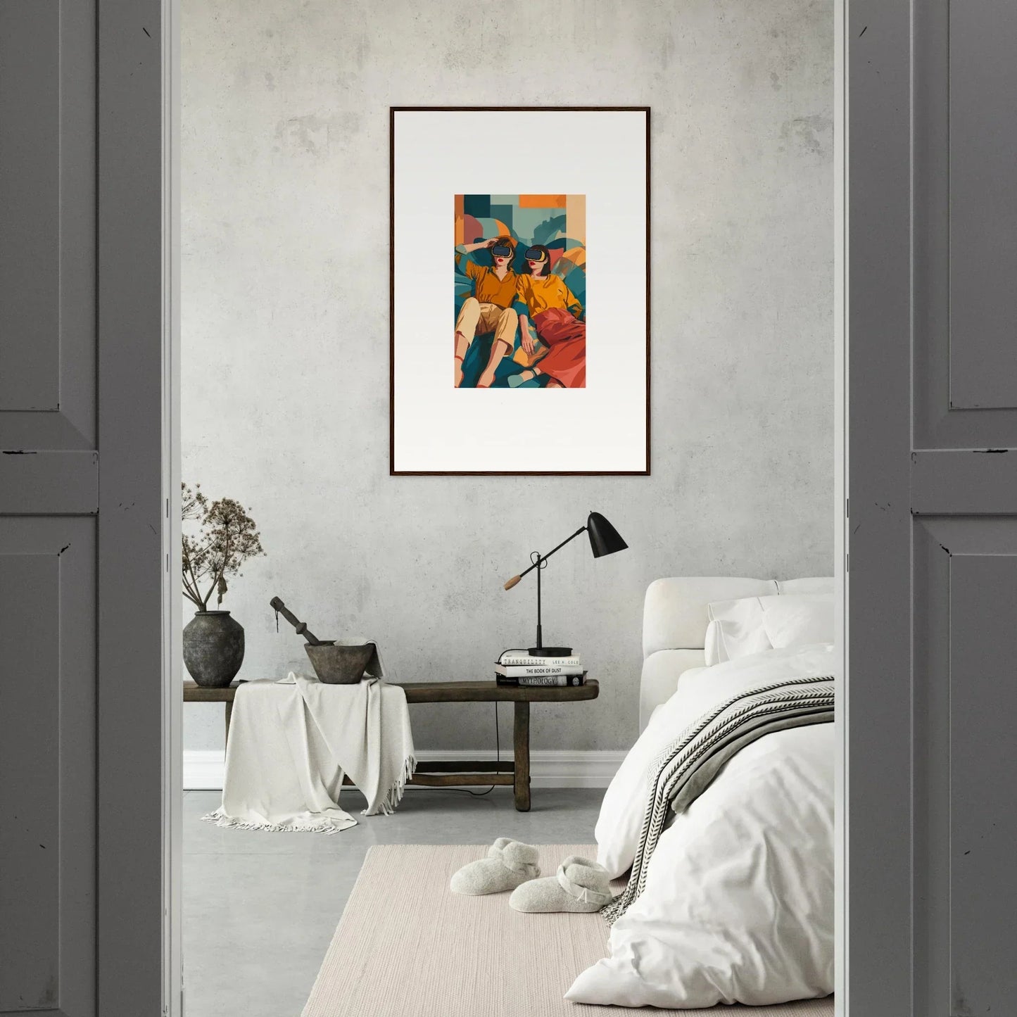 Framed abstract artwork in orange, blue, and red colors perfect for enhancing your space, weeks delivery time