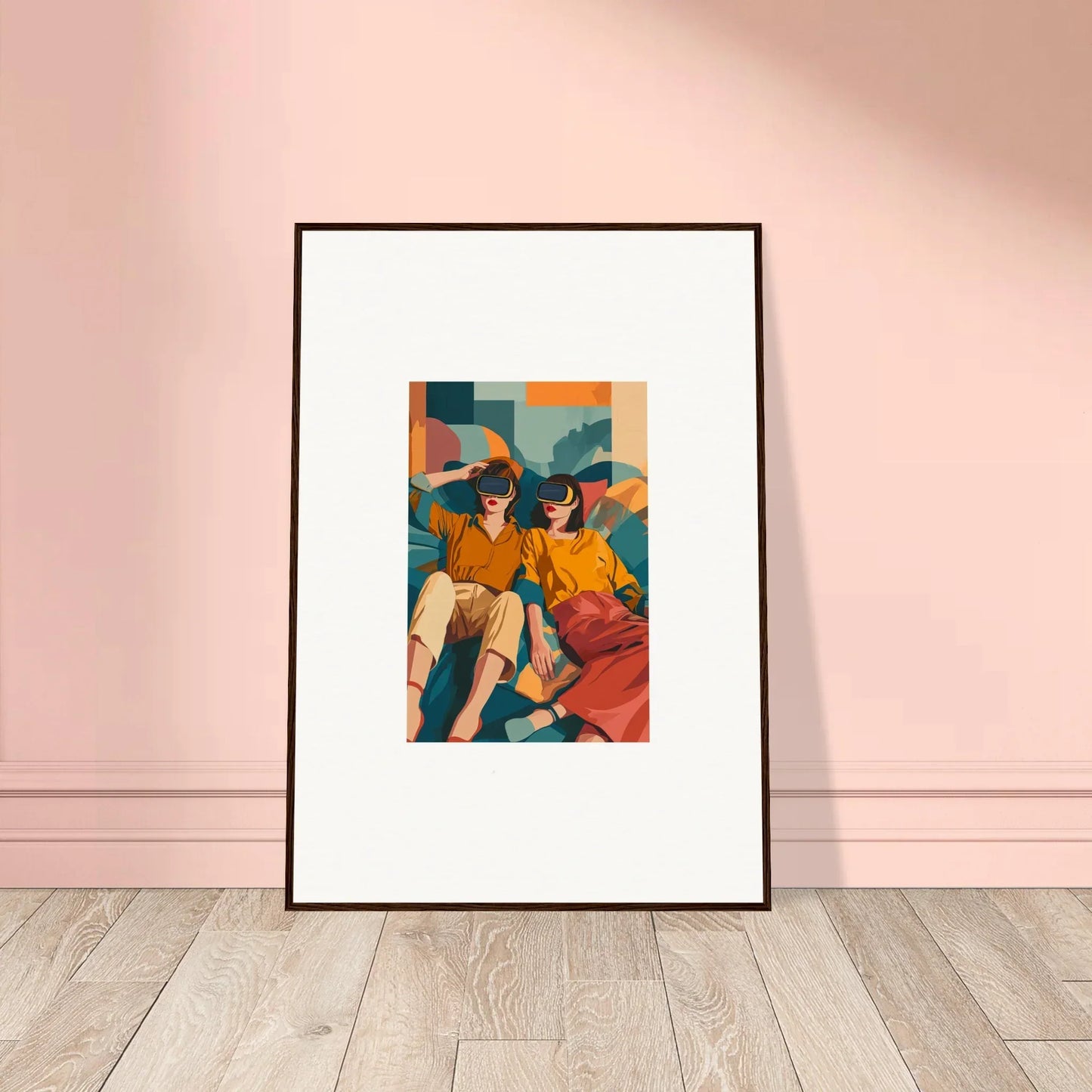 Framed artwork of two figures in yellow shirts, perfect for home decor with fast delivery times include