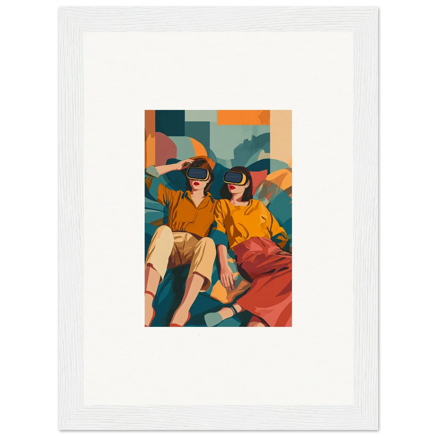 Framed illustration of two friends in 1970s style, perfect for your home decor, weeks delivery time