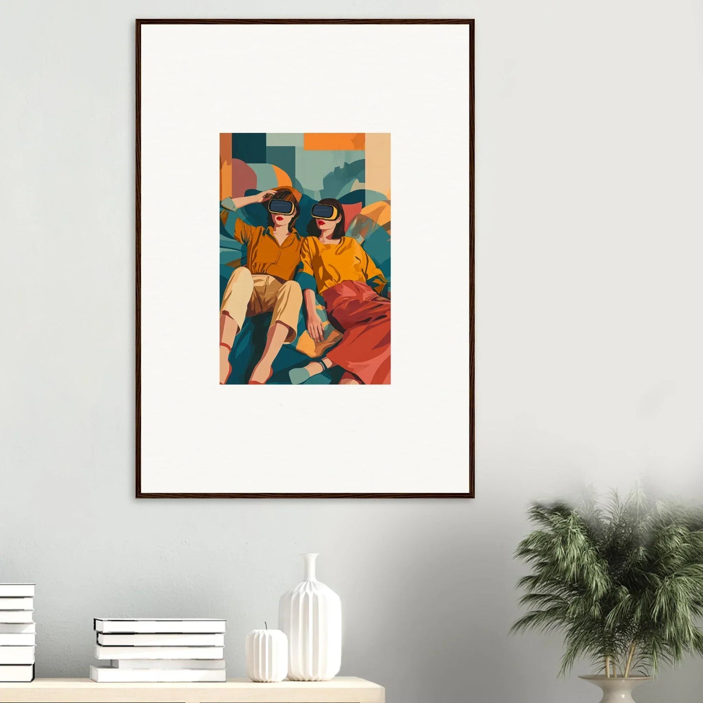 Framed wall art showcasing stylized figures in vibrant tones for colorful room decor