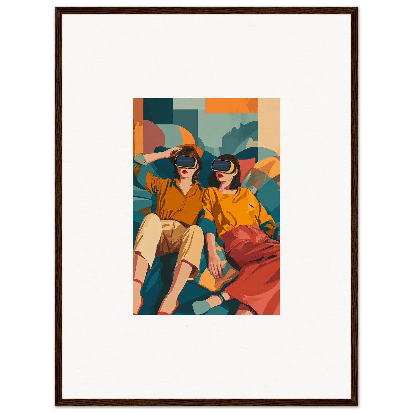 Framed illustration of two people in VR headsets showcasing product206 with delivery times include