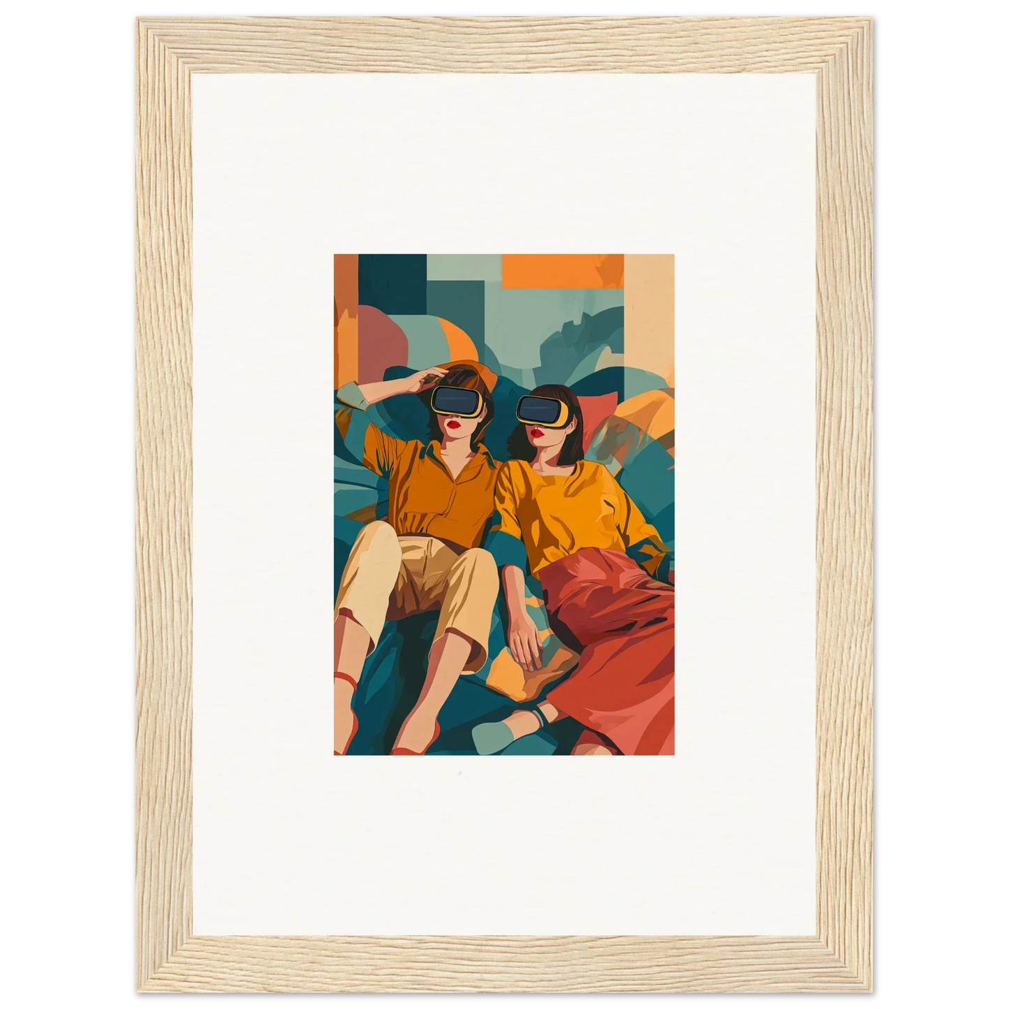 Framed wall art of two people in colorful retro clothing for stylish room decor