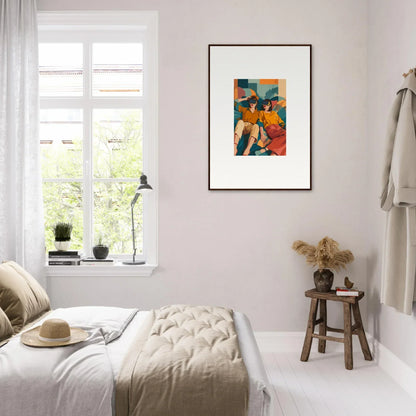 Bright modern bedroom with white decor and colorful framed wall art from Visions Forecast